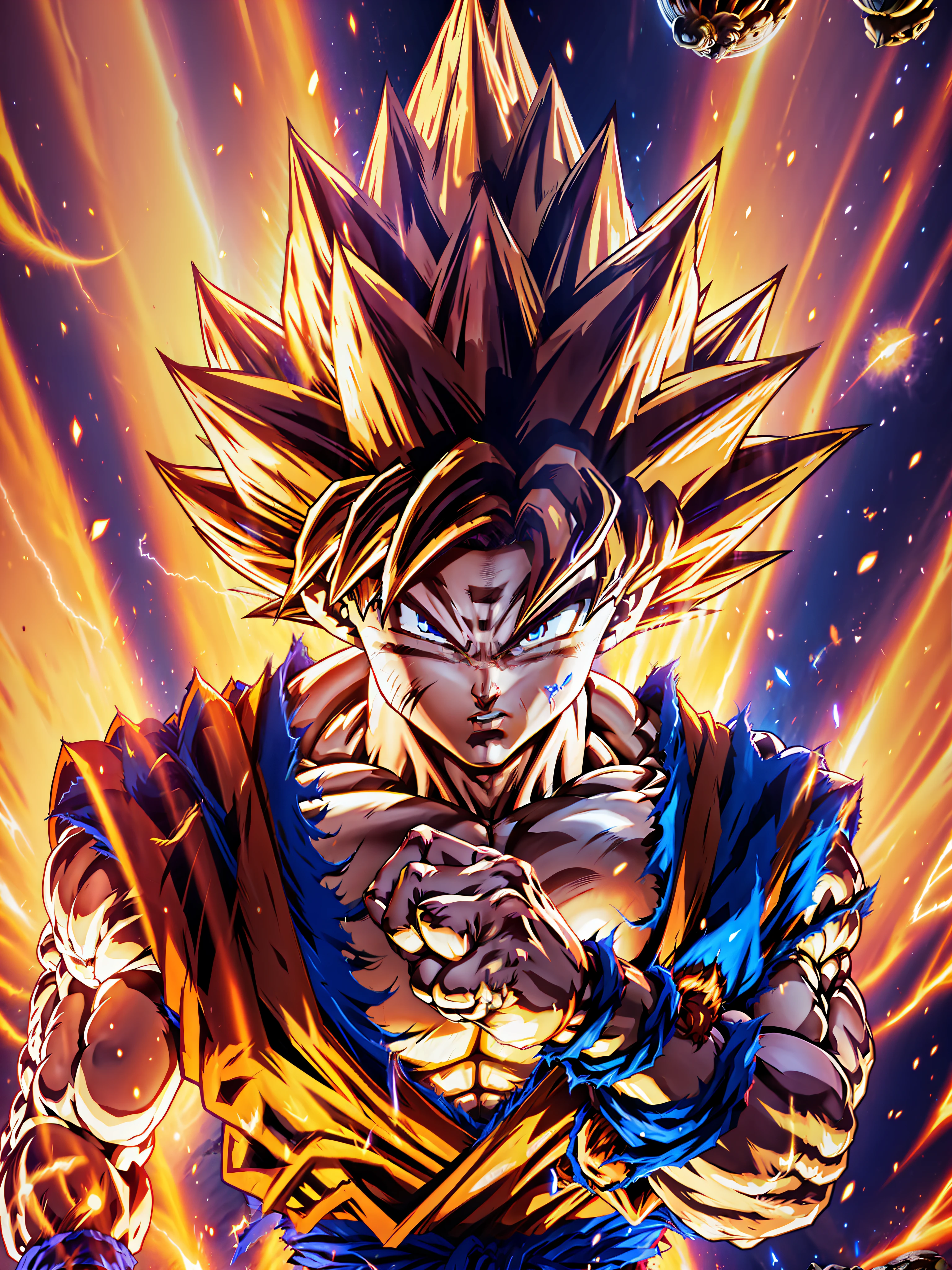 Goku, ultra-detailed CG unity 8k wallpaper, best quality, best illumination, best shadow, dynamic pose, flying (if possible), super saiyan aura, fighting against a worthy opponent, epic background, wide shot)