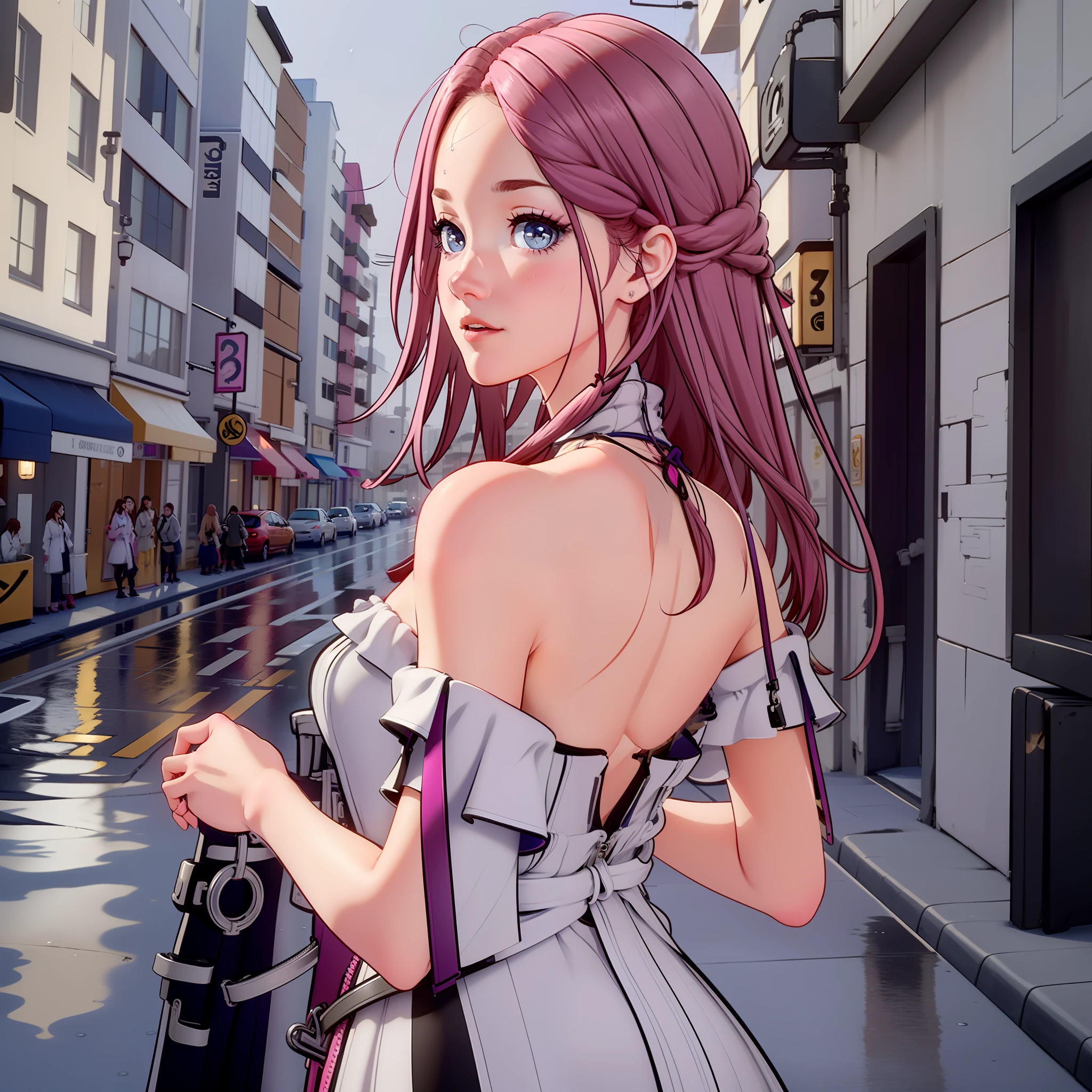 ((Best Quality, 8K, Masterpiece:1.3)), Focus:1.2, Perfect Body Beauty:1.4, Buttocks:1.2, (Layered Haircut:1.2)), (Rain, Street:1.3), Bandeau Dress:1.1, Highly Detailed Face and Skin Texture, Delicate Eyes, Double Eyelids, Whitened Skin, Long Hair, (Round Face: 1.5)