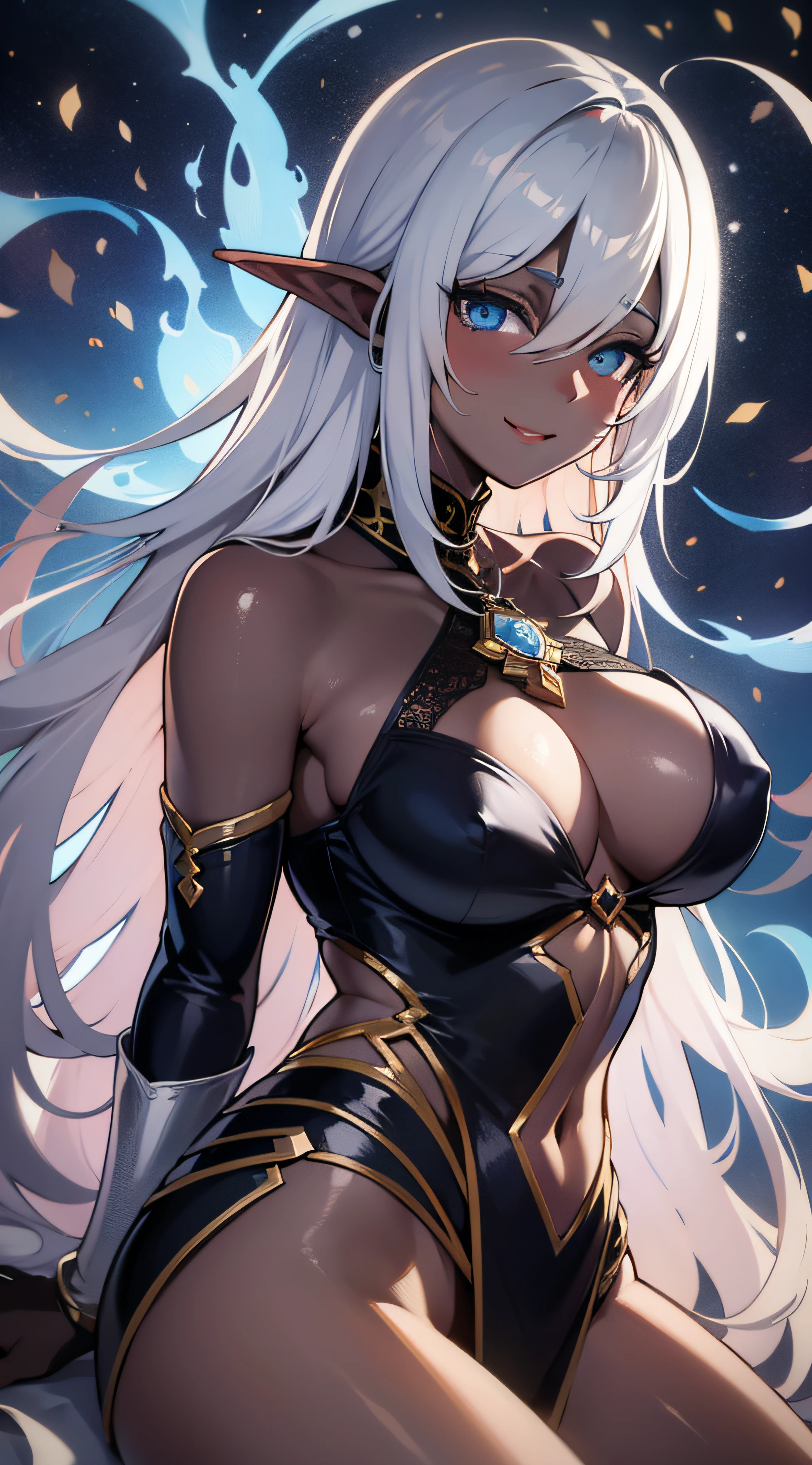 Black skin:5.0、Dark Elves、Fantasia、blue eyess、very long bangs、hair over eyes:2.0、silber hair、Majestic nature、Ridiculously large breasts、Priest、Clothing with slits、A slight smil、Futomo、closing eye、