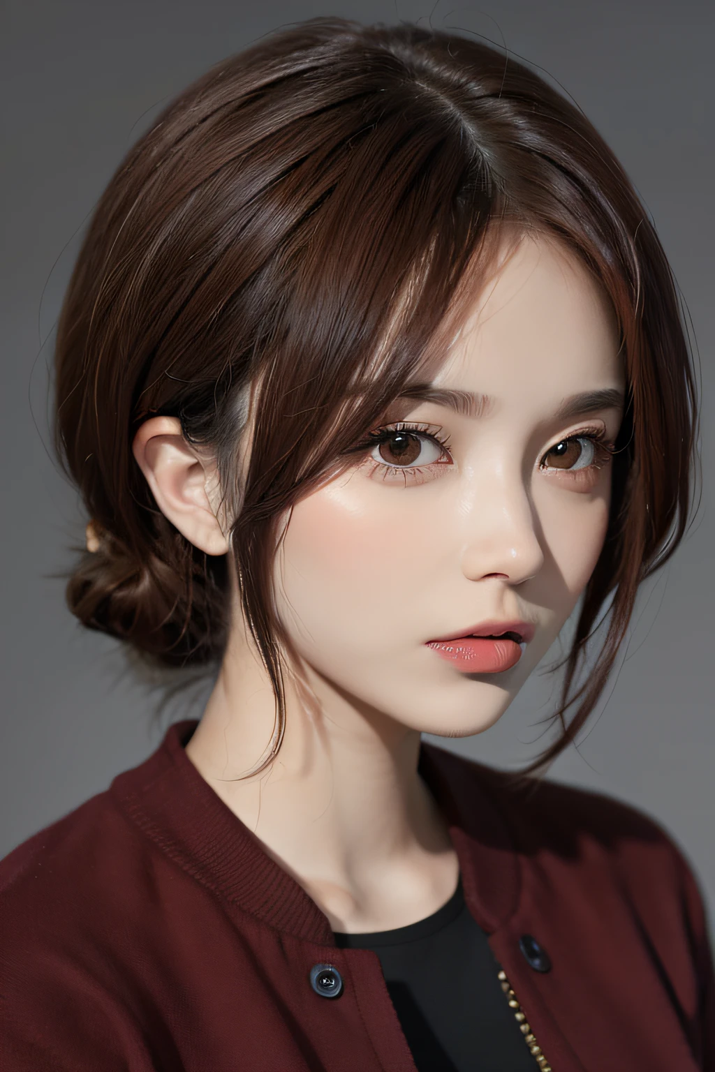 Kizi,Be red in the face,brunette color hair,short detailed hair,