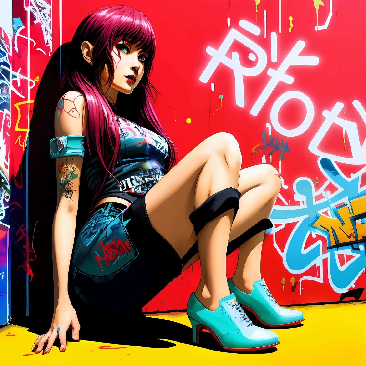 a closeup、Full color painting of a squatting cyberpunk girl、Lunette de soleil、high heeled shoes、The perfect hourglass figure、(graffiti art) (by Carne Griffiths))、Red wall background、Insane details、intricate detailes、Ultra Detail、Low contrast、Soft Cinematic Lights、dim colors、exposure blend、nffsw、frontage