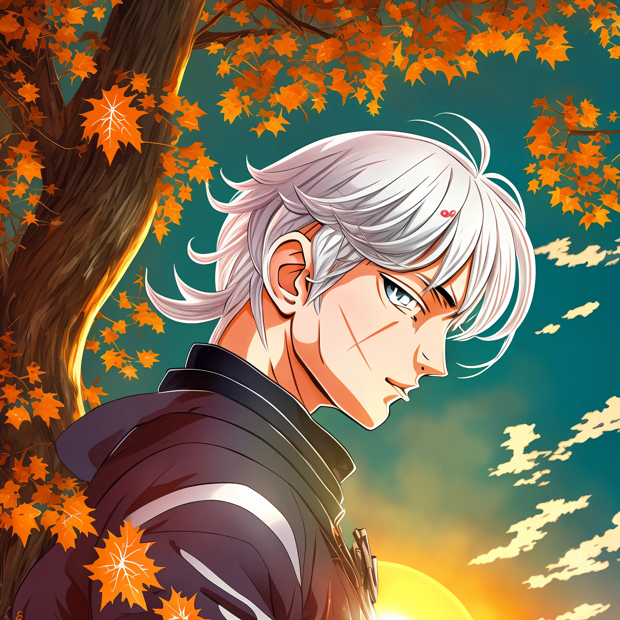 tmasterpiece,Anime style,The boy with white hair,maple trees,the setting sun,The sunset is full,look up to
