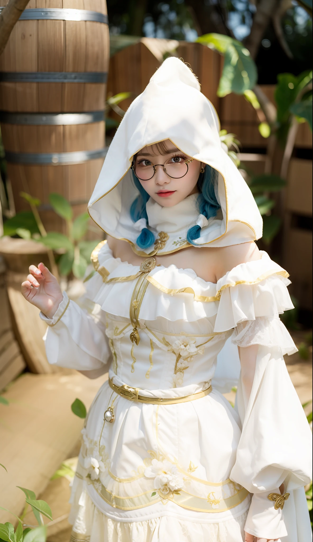 1girl, Fantasy, Beautiful jungle backround, Blue color eyes, Beauty face, Blue sky hair color, Braid hair style, Use O spectacles, White Outfit, Realistic, Ultra detail, 70mm lens
