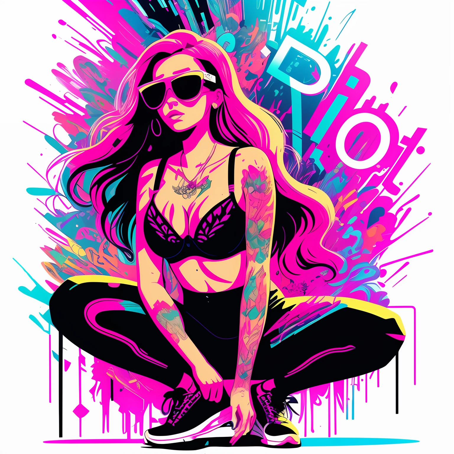 Cyberpunk girl vector, (graffiti art)++, (by Carne Griffiths)++, Vector art, Squatting, Sunglasses, high heeled shoes, The perfect hourglass figure, Latex Bra, Red wall background, Insane details, Intricate details, hyperdetails, Low contrast, Soft cinematic light, dim colors, exposure blend, nffsw, front