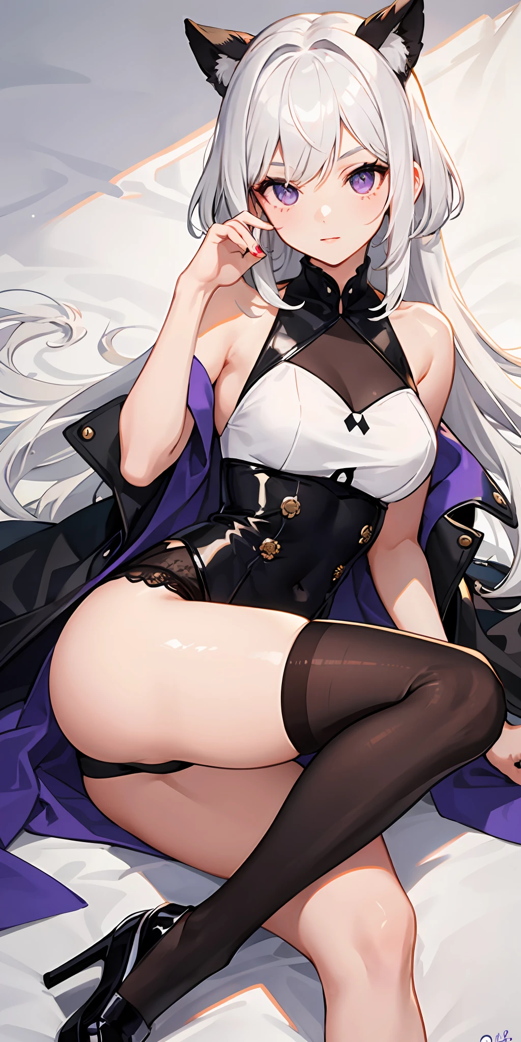 1girl,White hair,O cabelo multicolorido,Purple eye,black lence stockings，jk