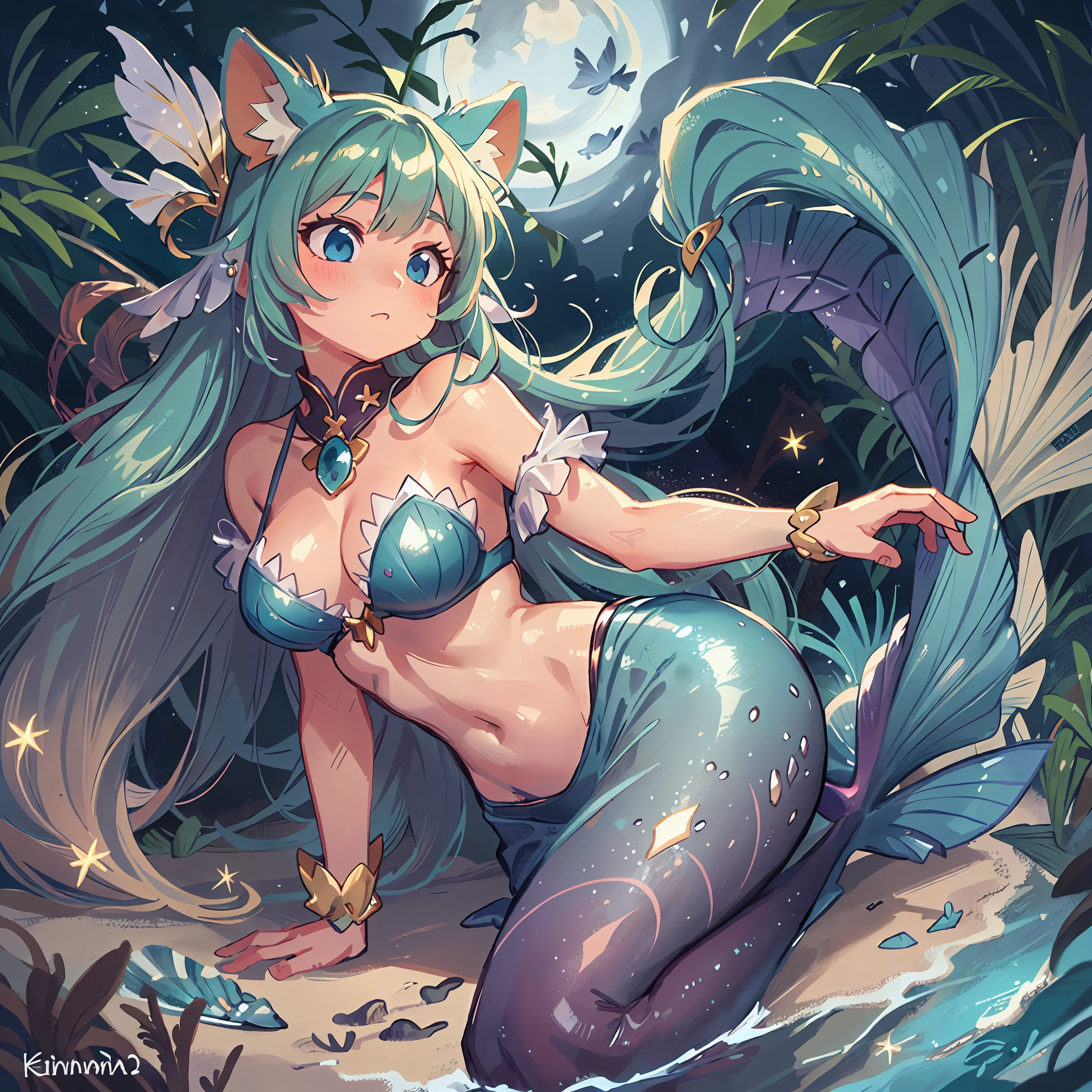 On a moonlit night, furry anthro, kemono, mermaid, a beautiful woman with bright shining scales on her skin dances gracefully on a white sandy beach Her beautiful face and brightly colored shining eyes The sea and the woman's scales shining faintly in the moonlight. Detailed drawing Vivid colors High image quality,