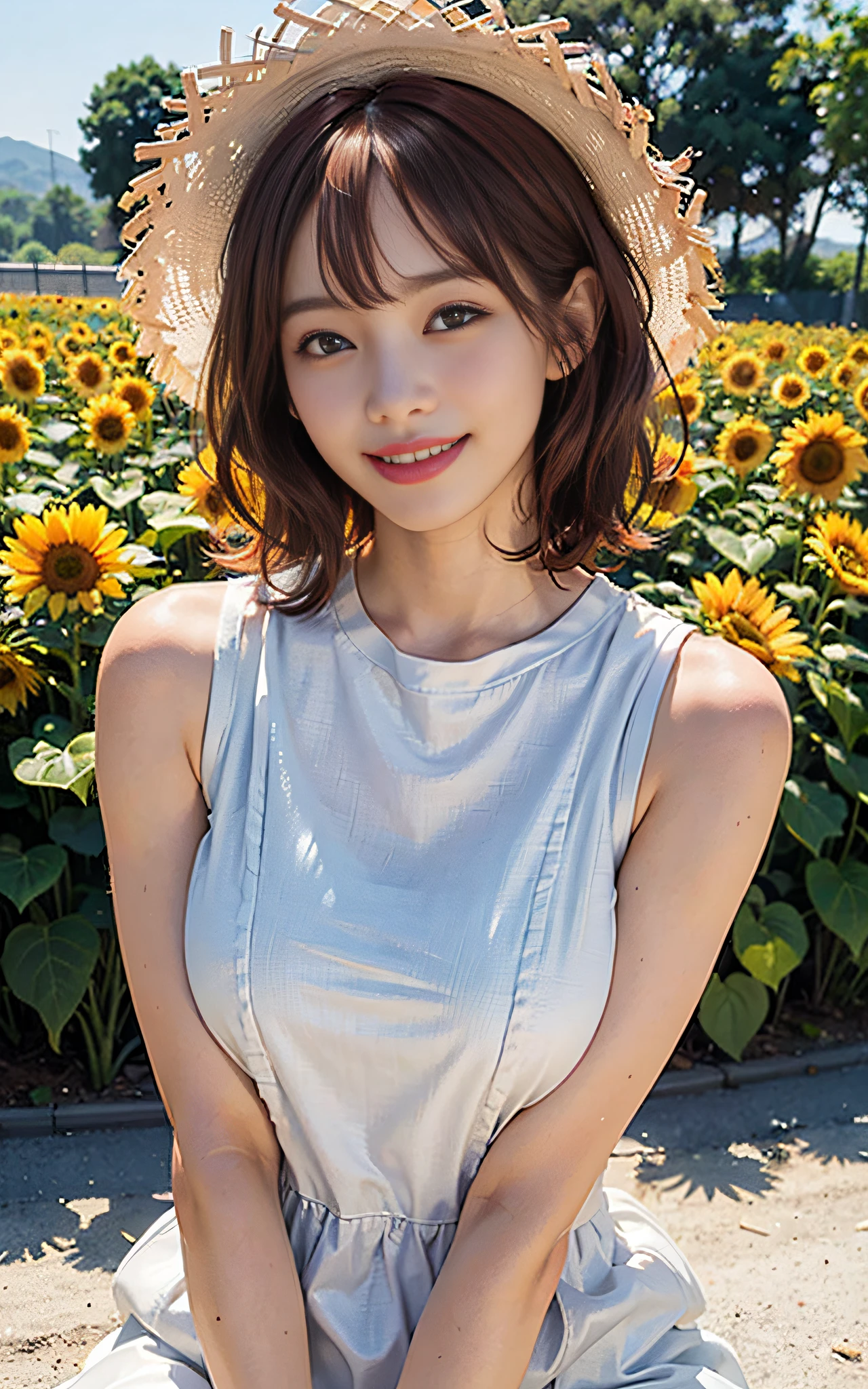 (realistic photograph, Best Quality, 8K, masterpiece: 1.3, A sharp and clear subject, Blurry background), 1girl, Gravure Idol, Perfect Body Beauty: 1.4, (Red hair, Short hair, With bangs, White sleeveless dress with straw hat), long eyelashes, lower eyelashes, Laughing face, Smile with teeth, Large breasts, A sunflower field