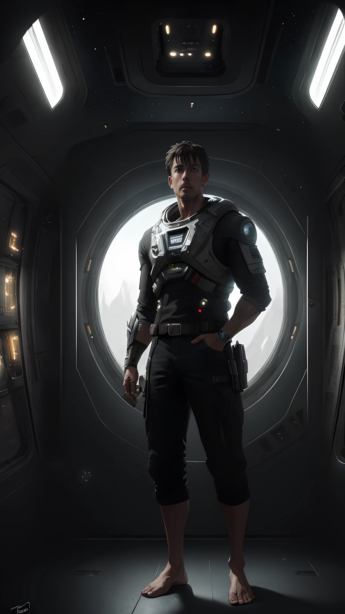 male, beautiful, barefoot, portrait,, cyborg, advanced, spaceship,  futuristic design, scifi, in space, supernova, stars, planet, (8k, RAW photo, best quality, ultra high res, photorealistic, masterpiece, ultra-detailed, Unreal Engine),best quality,,  warrior,((cinematic look)), insane details, epic, power, inside spaceship, looking at camera, full body,  by greg rutkowski wlop makoto shinkai takashi takeuchi studio ghibli jamie wyeth,bw, (natural skin texture, hyperrealism, soft light, sharp)