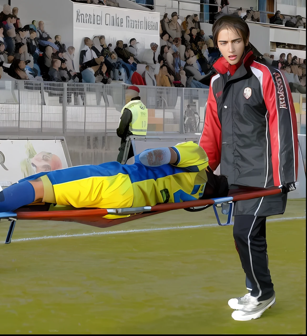 soccer, sports injury, theatralic erotic action, intense eritoc scene, erotic pose, a love scene, passionate loving action, erotic, an injured soccer-boy in matte cotton sportswear is rearing up in pain on a stretcher, an injured soccer-boy in matte cotton sportswear is rearing up in pain on a stretcher that is carried by his looking girlfriend, there is an attractive and laszive girl in a deep black high-shine biker-jacket, a terrified but attractive girl is evacuating her injured soccer-boyfriend from a soccer field, an injured soccer-boy in matte cotton sportswear is rearing up in pain on a stretcher while he is evacuated from the field of play by his very attractive girlfriend, an injured soccer-boy is crying in pain, an attractive girl in a wet deep black shiny plastic-jacket is giving first aid, dramatic action scene, first aid, injury, pain, agony, helping woman, woman carrying a man, an attractive african girl in a black shiny biker- jacket, an attractive african girl in a wetlook shiny patent-leather-biker-jacket with lipstick and madeup smokey eyes, a consciousless german boy in a cotton shirt and a matte jeans, an attractive african girl with lots of makeup in a very shiny wet black biker-jacket, an attractive african girl is wearing a shiny bikerjacket, an attractive african girl with smokey eyes, an attractive madeup girl in shiny leather with lipstick, an attractiveafrican girl is carrying a german boy in her arms, a matte clothed injured boy, a shorthaired boy with cotton t-shirt, a shorthaired boy needs to be carried while wearing matte sportswear