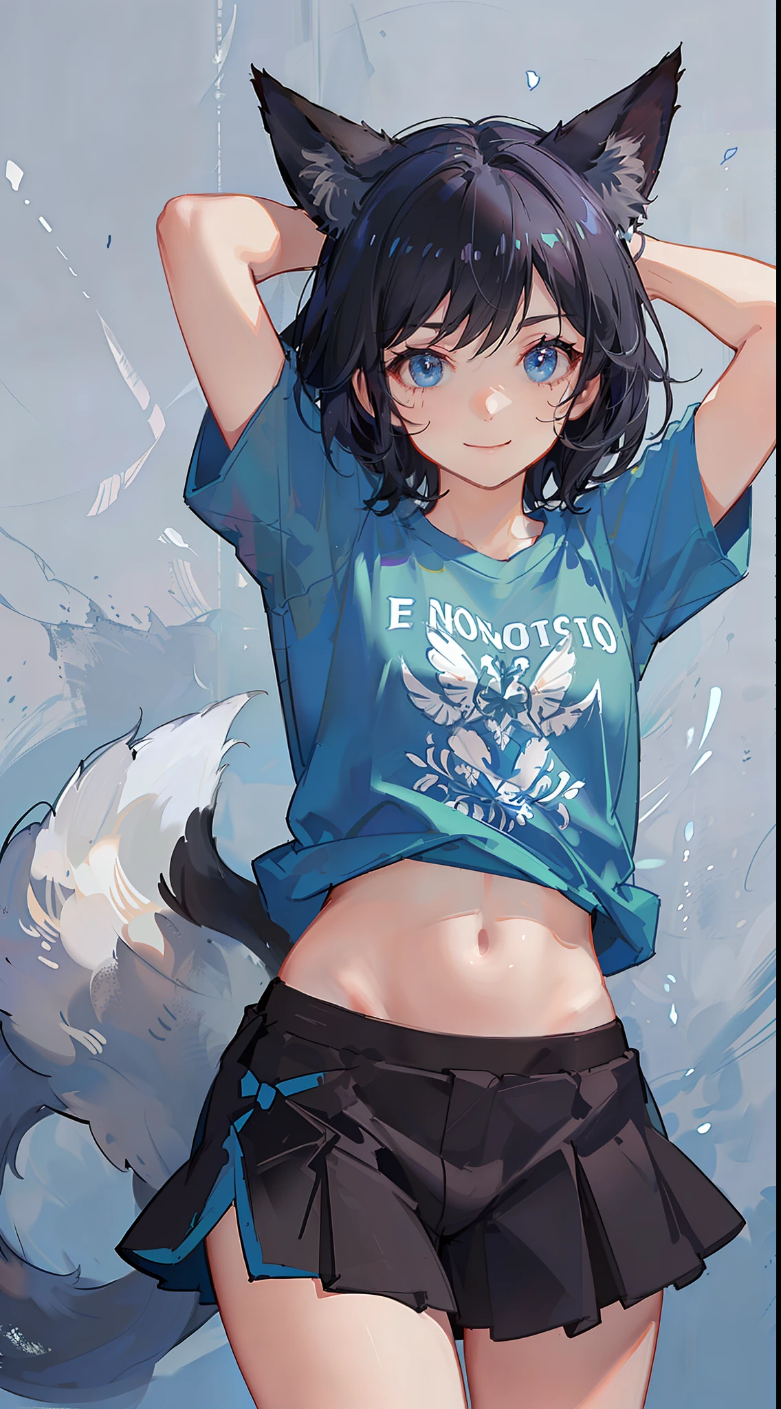 , short black hair, Fox ears, Foxtail, blue eyes, ssmile, tshirt, briefs, Jumps, Masterpiece, hiquality