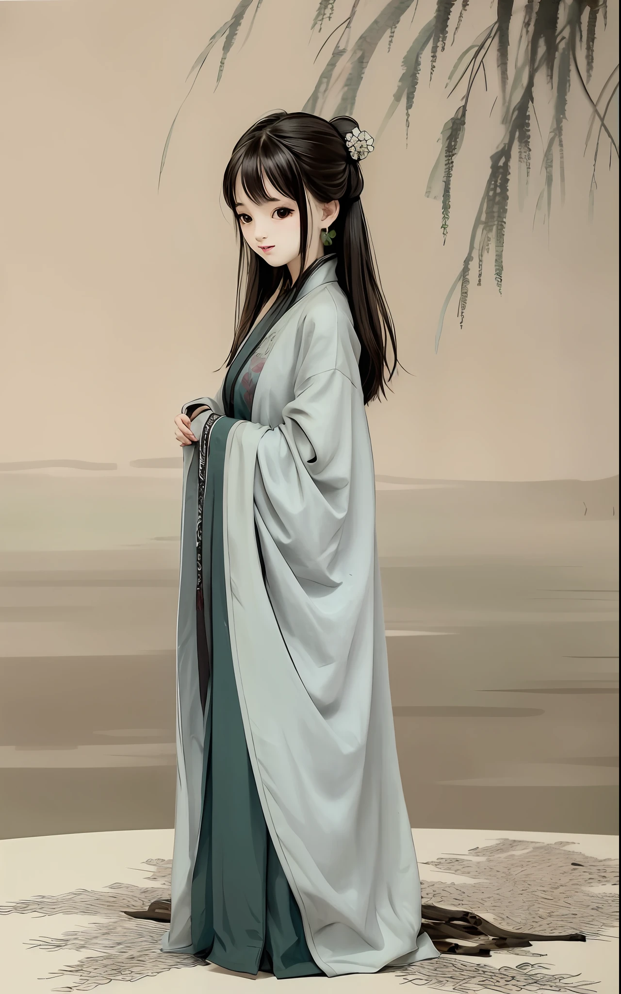 shukezouma, Negative space, , shuimobysim , Portrait of a woman standing , Willow branches, (Masterpiece, Best quality:1.2), Traditional Chinese Ink Painting, ModelShoot style, Peaceful, (Smile), view the viewer, wearing long hanfu, Hanfu, Song, Willow tree in background, wuchangshuo,Full body like,