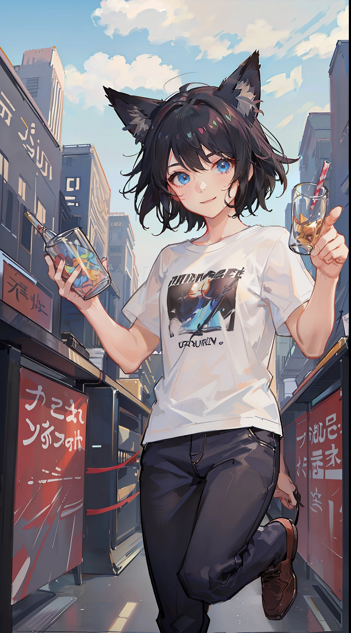 little boy, short black hair, Fox ears, Foxtail, blue eyes, ssmile, tshirt, briefs, Jumps, Masterpiece, hiquality