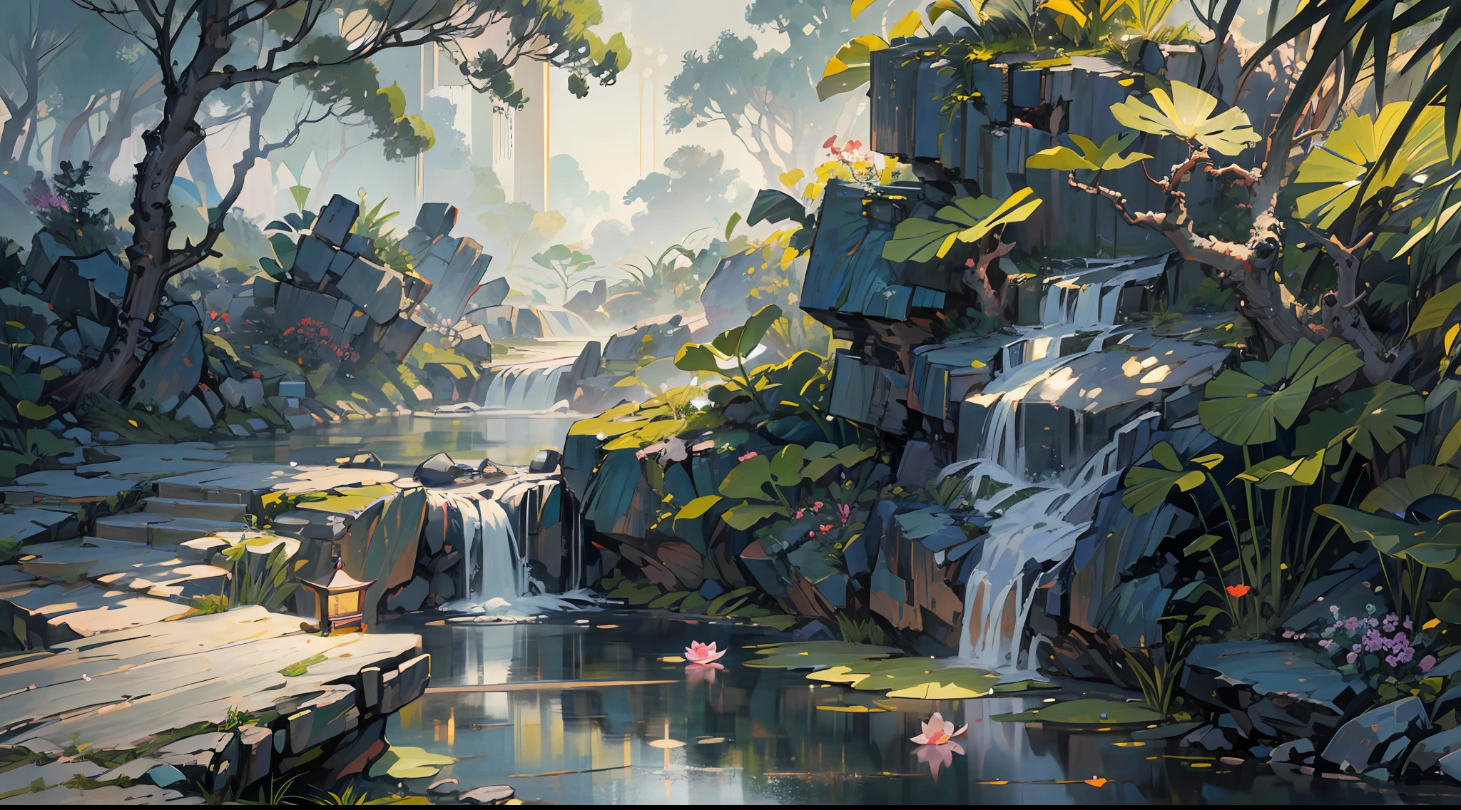 ((Best quality, masterpiece: 1.2)), CG, 8K, intricate details, cinematic perspective, (no one around), (Ancient Chinese garden), pond filled with lotus flowers, rocks, flowers, bamboo forests, waterfalls, wooded areas, small bridges spanning babbling streams, detailed foliage and flowers, (sunlight shining, sparkling waves), peaceful and serene atmosphere, ((soft and elegant colors)), ((exquisitely crafted composition))