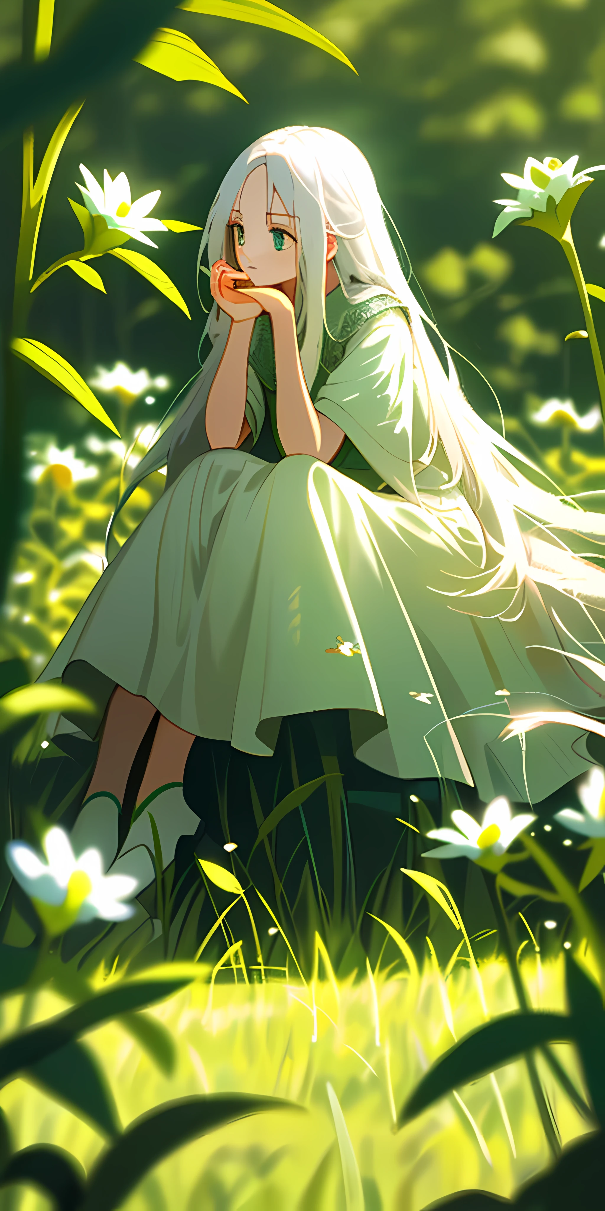 (masterpiece, best quality),1girl with long white hair sitting in a field of green plants and flowers, her hand under her chin, warm lighting, white dress, blurry foreground