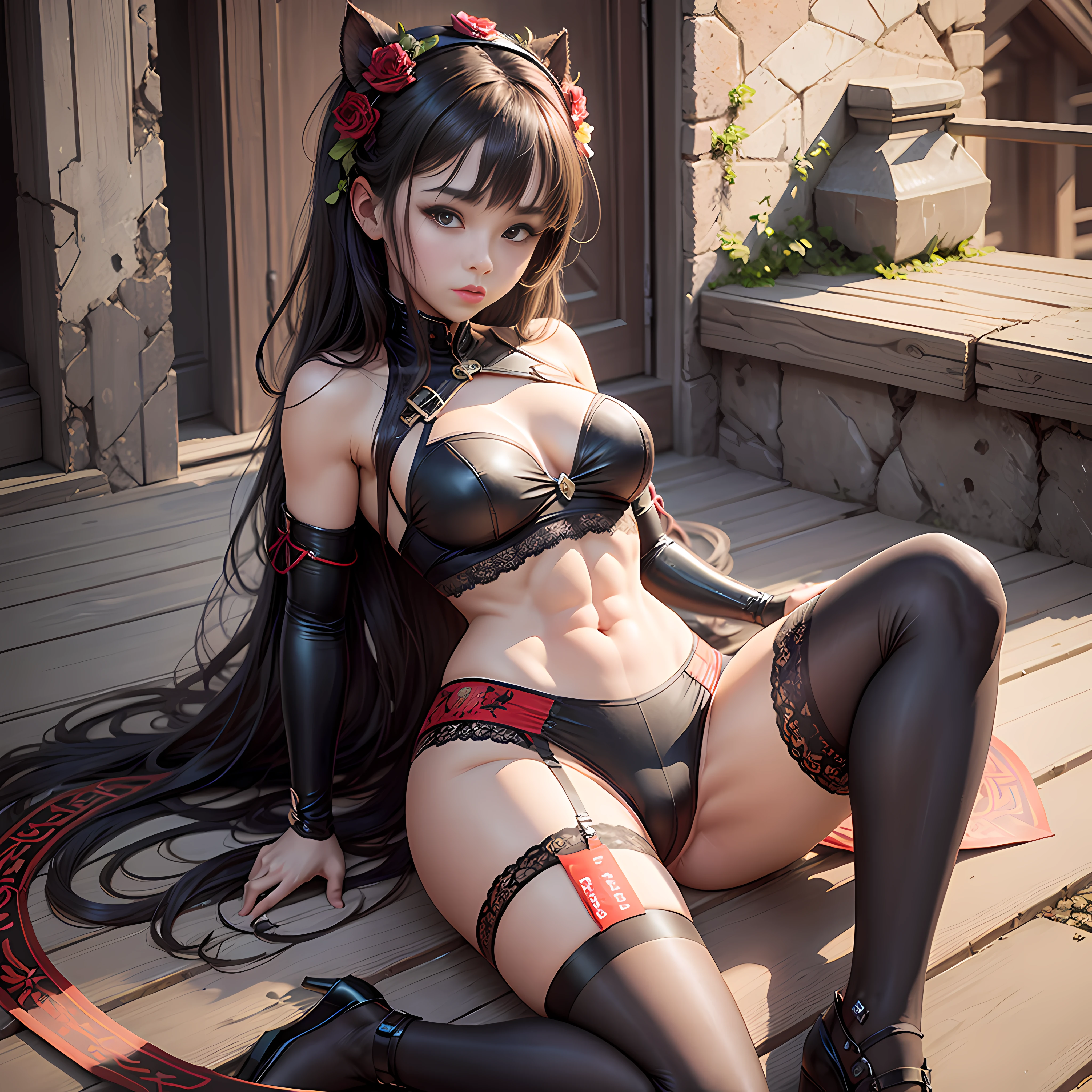 best qualtiy，8K，SLR effect，1girll，15year old，perfect bodies，Bigchest，location: the great wall，fully body photo，CG effect，Anime goddess，Red lace underwear，black lence stockings，cabelos preto e longos， --auto