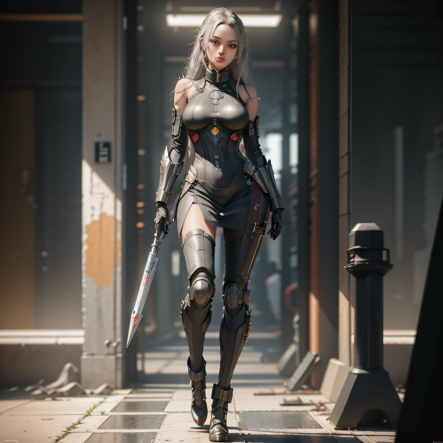 A closeup of a woman,Works of art on ArtStation,8K portrait rendering,Guweiz style artwork,Fanart Meilleure ArtStation,hyper-detailed fantasy character,8K high-quality detail art,Popular on CGstation,8K highly detailed digital art,(Best quality)), ((Masterpiece)), (Very detailed: 1.3), 3D, master chef-mecha, Beautiful cyberpunk woman, Has gorgeous style armor, Sci-fi technology, hdr (HighDynamicRange), Ray tracing, NVIDIA RTX, Super resolution, Unreal 5, Subsurface scattering, PBR Texture, Post-processing, Anisotropic filtering, Depth of field, Maximum Acutance and Acutance, Many-Layer Textures, Specular and albedo mapping, Surface coloring, Accurate simulation of light-material interactions, Perfect proportions, Octane rendering, twotonelighting, Low ISO, red balance, Rule of thirds, Wide aperture, 8K raw data, High efficiency sub-pixel, Subpixel convolution, Light particles, Light scattering, Tyndall effect, Very sexy, full body, Fighting posture, silber hair --auto