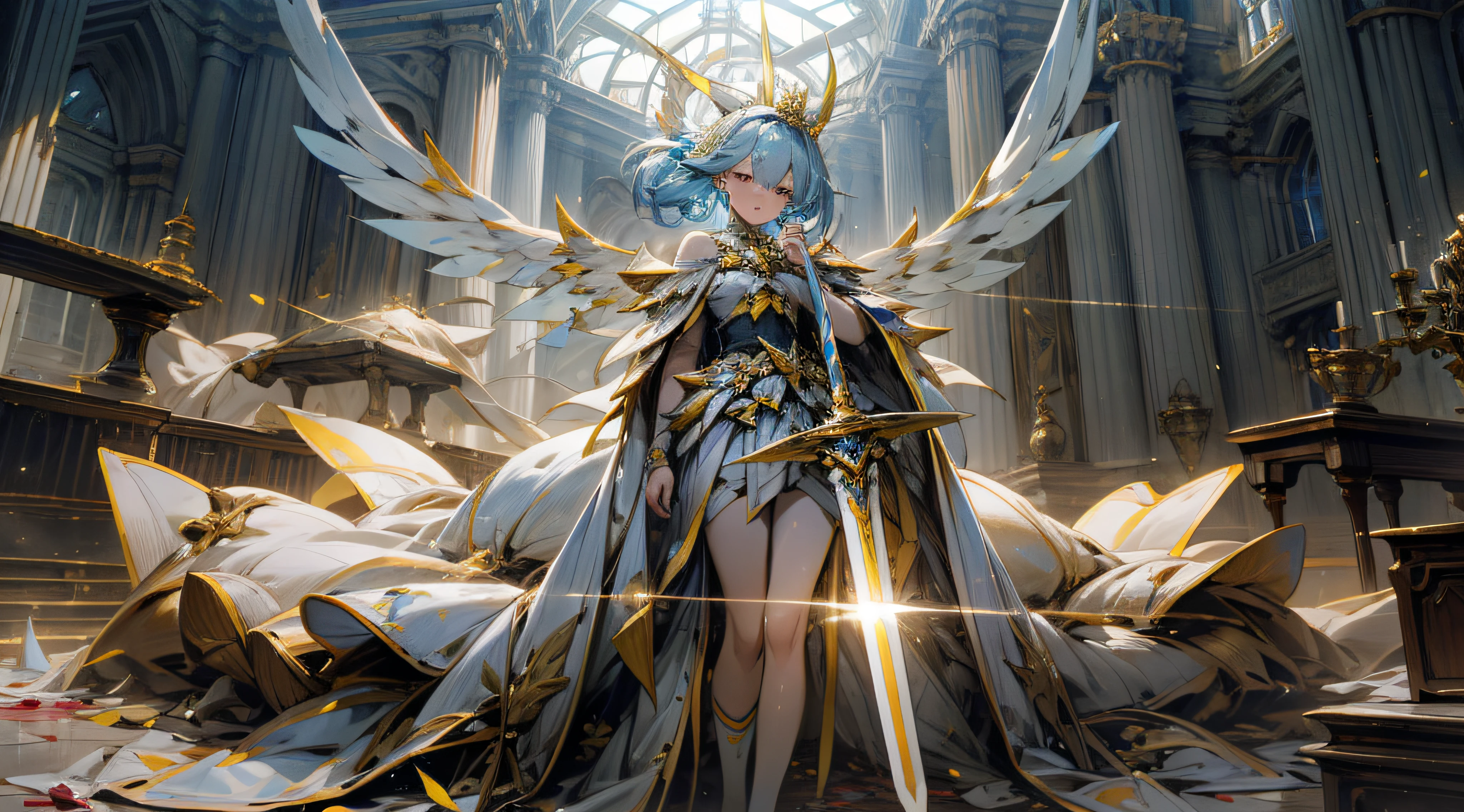 s girl,Wear blue, White and yellow mechs,A pair of translucent mech wings grow on the back,laughingly,Wear a crown set with yellow gemstones,A half body,Hold a long sword in your right hand, He stabbed another girl,blood on sword,Holding a red gemstone in half hand,In the background is an abandoned castle,The sky is filled with clouds,8k --auto