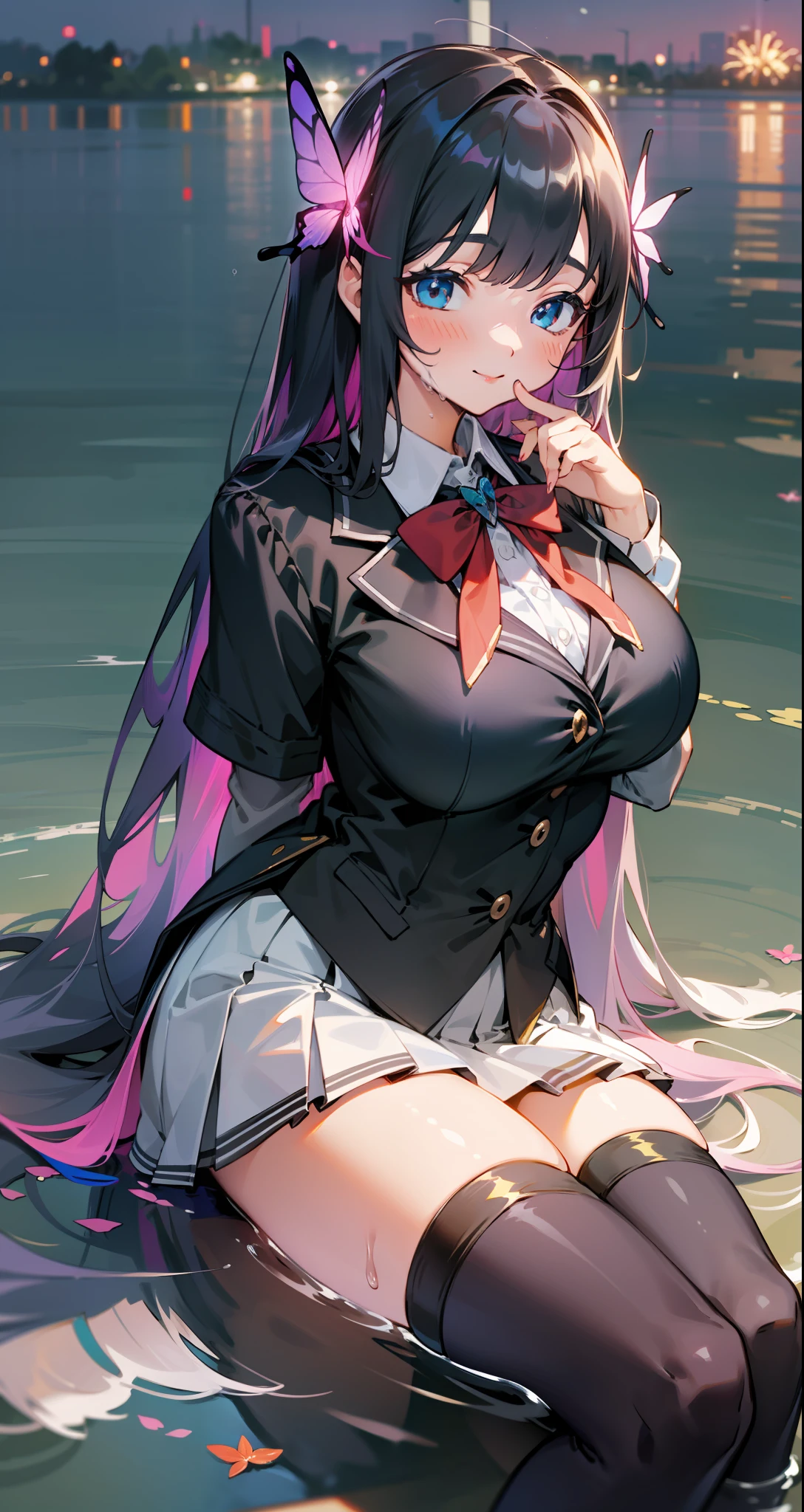 masterpiece, best quality, masterpiece,best quality,official art,extremely detailed CG unity 8k wallpaper, fireworks, beautiful detailed water, game_cg, partially unbuttoned, absurdly long hair, colored inner hair, black hair, wet hair, straight hair, bangs, hair over breasts, hair ribbon, hair flower, butterfly hair ornament, gradient_eyes, beautiful detailed eyes, light blush, looking at viewer, light smile, huge breasts, school uniform, miniskirt, white kneehighs, black kneehighs, flower ribbon, leg_lift, cat_pose, sitting,