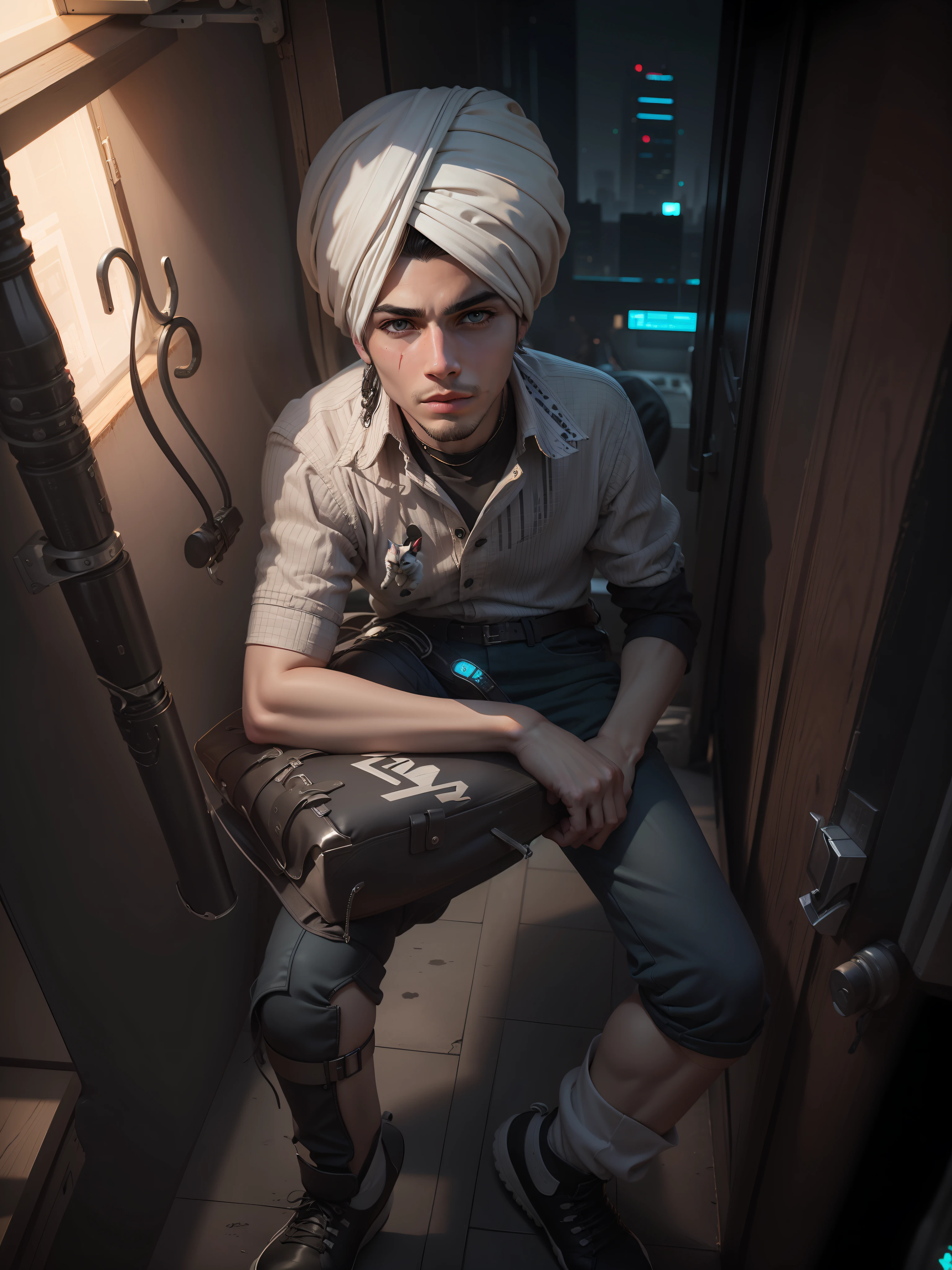Change background cyberpunk handsome boy with cat, realistic face, ultra realistic, 8k,