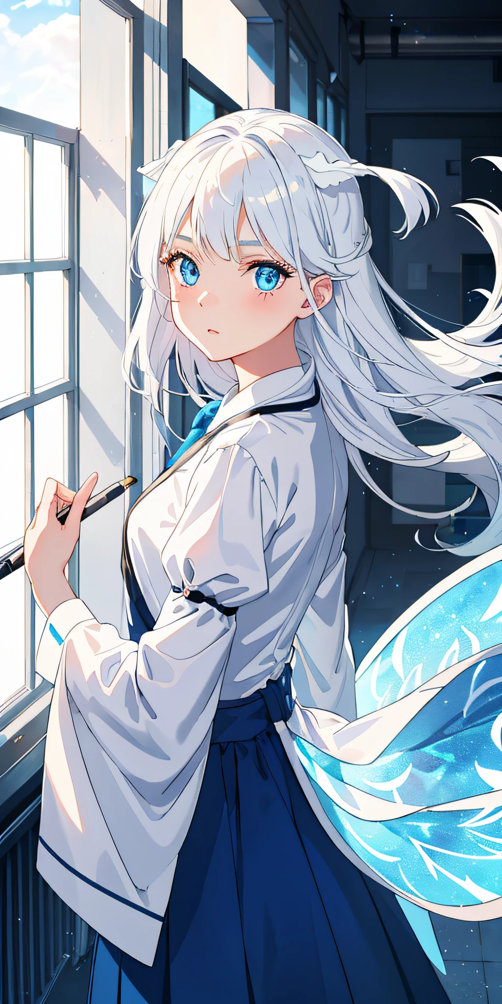 A girl with white hair,putting makeup on,Blushlush,blue color eyes,long skirt,with light glowing,Push open the window,A gust of wind blows in your face,Brush the hair on the girl's cheeks,tmasterpiece,rays of sunshine