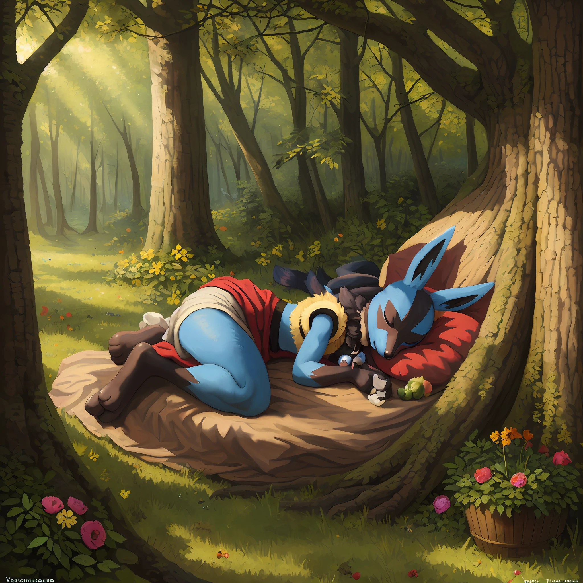 top quality, high-quality illustrations by Vermeer((masterpiece))absurdres, Perfect Anatomy, Lucario, full body,((dramatic))epic, Sleeping under a large tree where sunlight filters through the leaves, Curling up to sleep like a cat, fruits, flower,