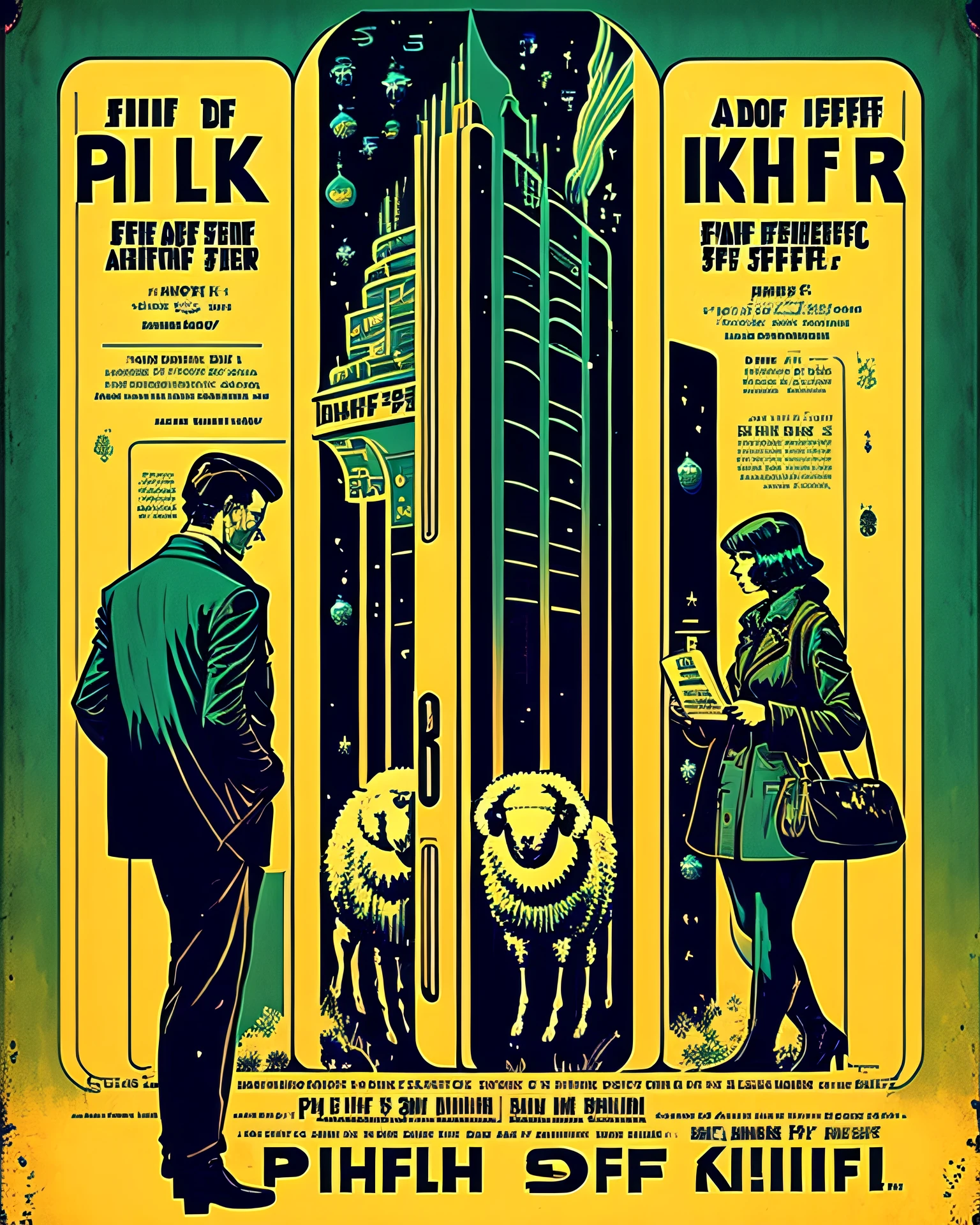 Art Deco style exotic science fiction novel posters are the main focus,(SF novel:1.5),Philip K. Dick "Do Androids Dream of Electric Sheep?"a poster for a