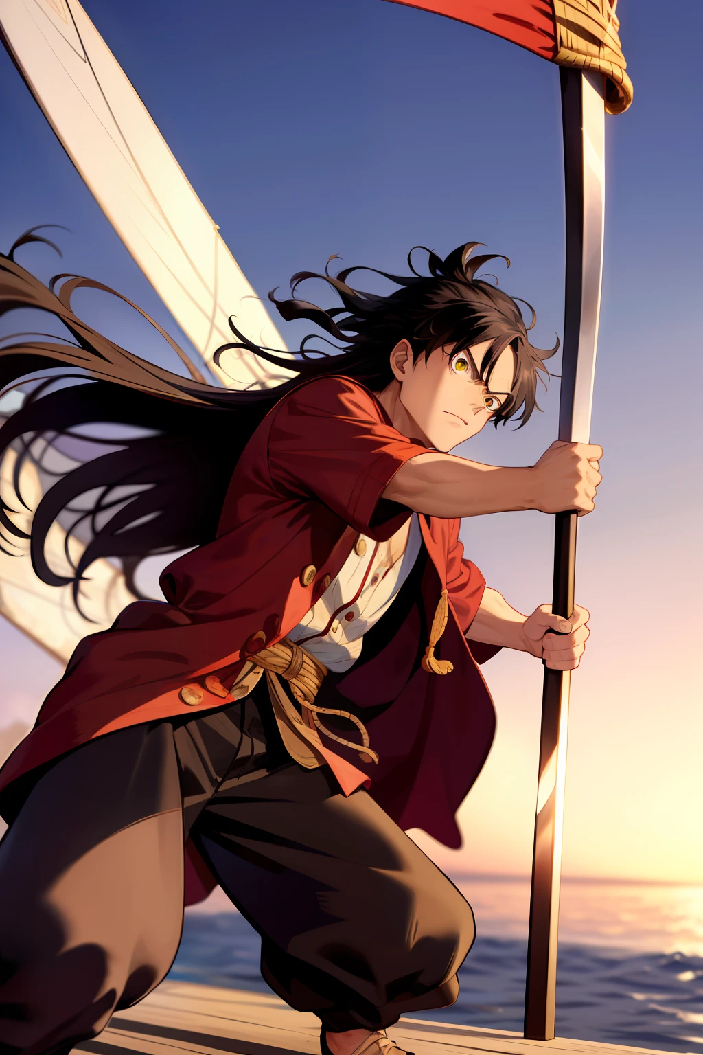 Luffy wields a sword and stands on the bow of the ship