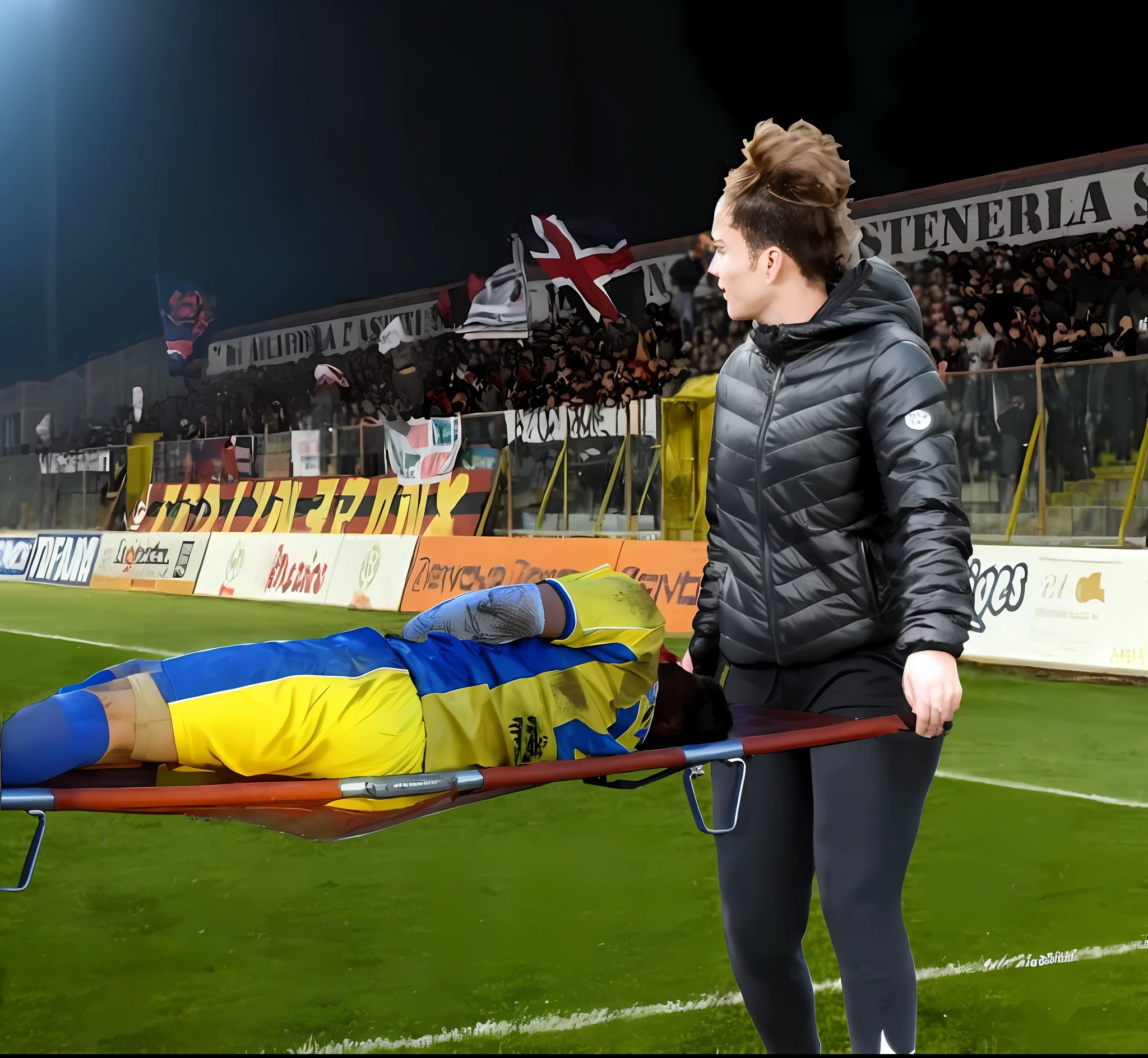 soccer, sports injury, theatralic erotic action, intense eritoc scene, erotic pose, a love scene, passionate loving action, erotic, an injured soccer-boy in matte cotton sportswear is rearing up in pain on a stretcher, an injured soccer-boy in matte cotton sportswear is rearing up in pain on a stretcher that is carried by his looking girlfriend, there is an attractive and laszive girl in a deep black high-shine biker-jacket, a terrified but attractive girl is evacuating her injured soccer-boyfriend from a soccer field, an injured soccer-boy in matte cotton sportswear is rearing up in pain on a stretcher while he is evacuated from the field of play by his very attractive girlfriend, an injured soccer-boy is crying in pain, an attractive girl in a wet deep black shiny plastic-jacket is giving first aid, dramatic action scene, first aid, injury, pain, agony, helping woman, woman carrying a man, an attractive african girl in a black shiny biker- jacket, an attractive african girl in a wetlook shiny patent-leather-biker-jacket with lipstick and madeup smokey eyes, a consciousless german boy in a cotton shirt and a matte jeans, an attractive african girl with lots of makeup in a very shiny wet black biker-jacket, an attractive african girl is wearing a shiny bikerjacket, an attractive african girl with smokey eyes, an attractive madeup girl in shiny leather with lipstick, an attractiveafrican girl is carrying a german boy in her arms, a matte clothed injured boy, a shorthaired boy with cotton t-shirt, a shorthaired boy needs to be carried while wearing matte sportswear