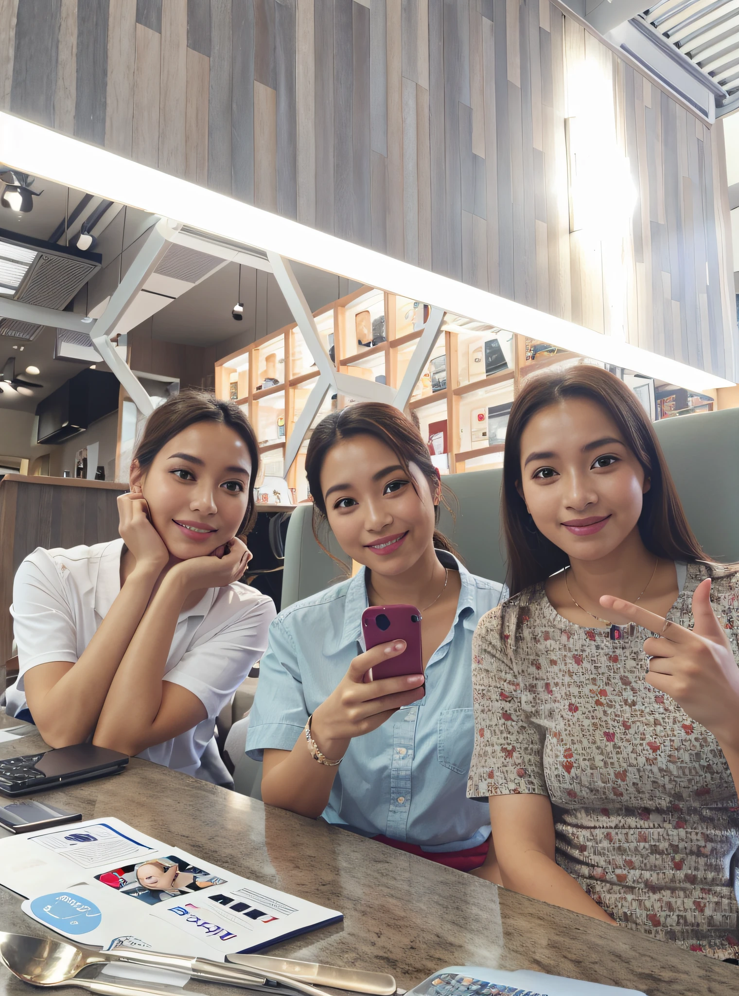 Three women sat at a table，Mobile phone in hand, personal profile picture