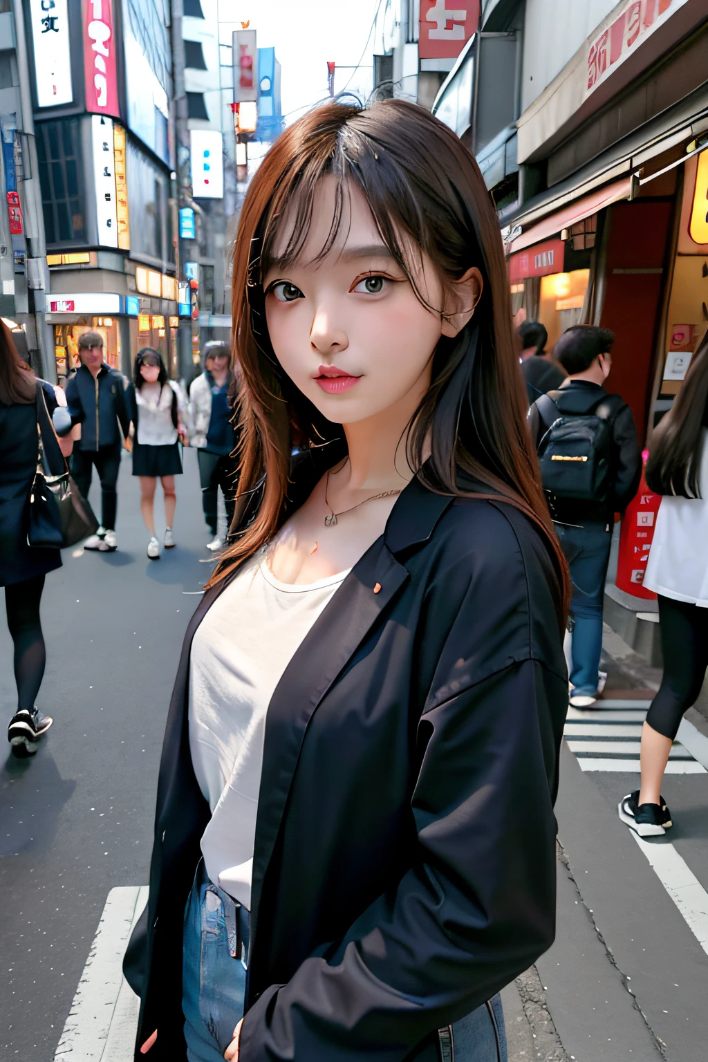 1girl in、Streets of Tokyo、natta、A city scape、city light、The upper part of the body、a closeup、8K、Raw photography、top-quality、​masterpiece、realisitic、Photorealsitic、battered