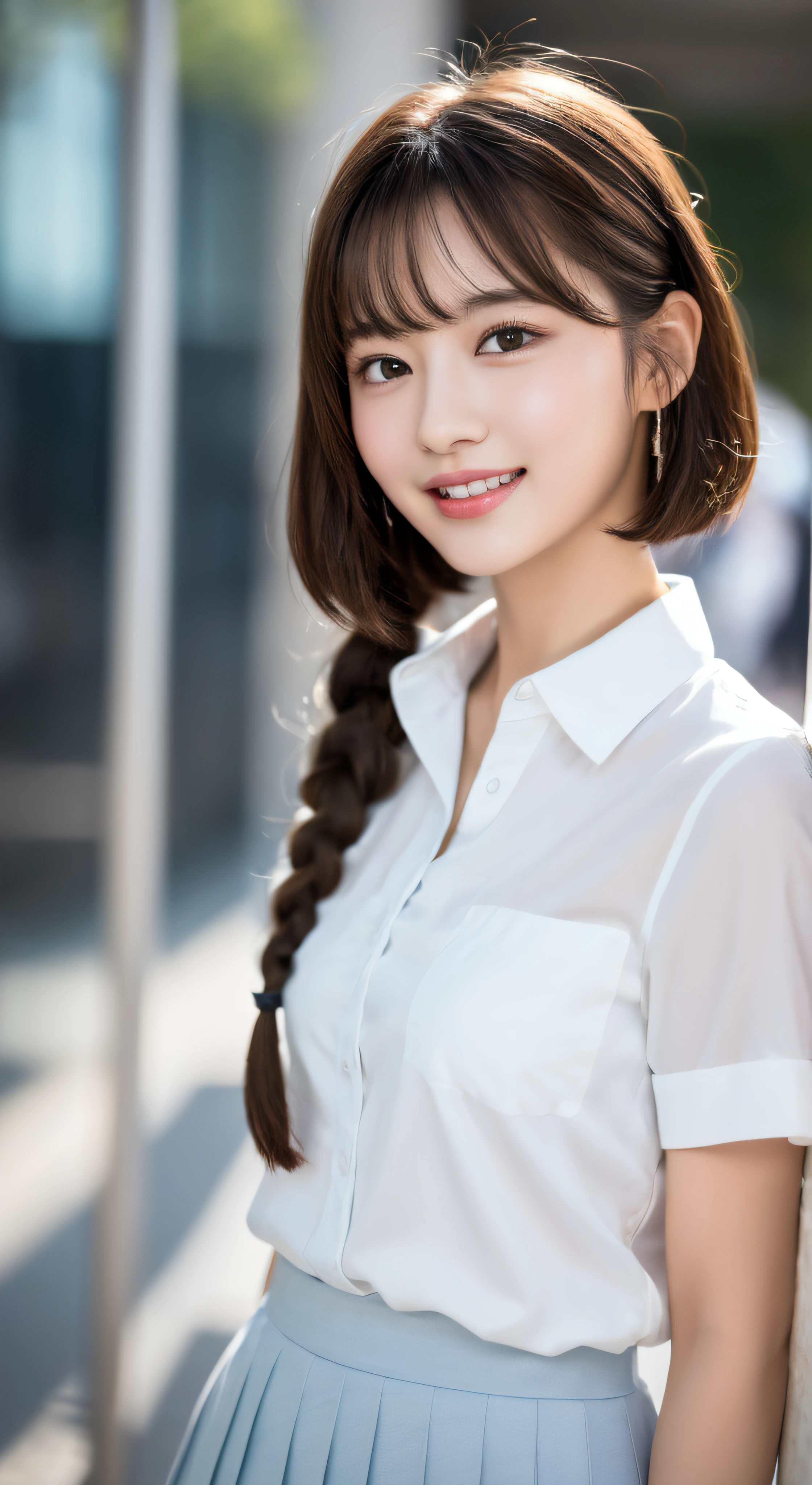 Highly detailed 8K wallpapers),Clear focus,A detailed,dramatics,delicate beautiful schoolgirl,Sheer white shirt,tiese,Dark blue pleated miniature miniature,pale brown hair,Smooth braids,Raised sexy,ssmile,blur backgroun,Beautiful graphics,showing whole body,Short hair,White teeth