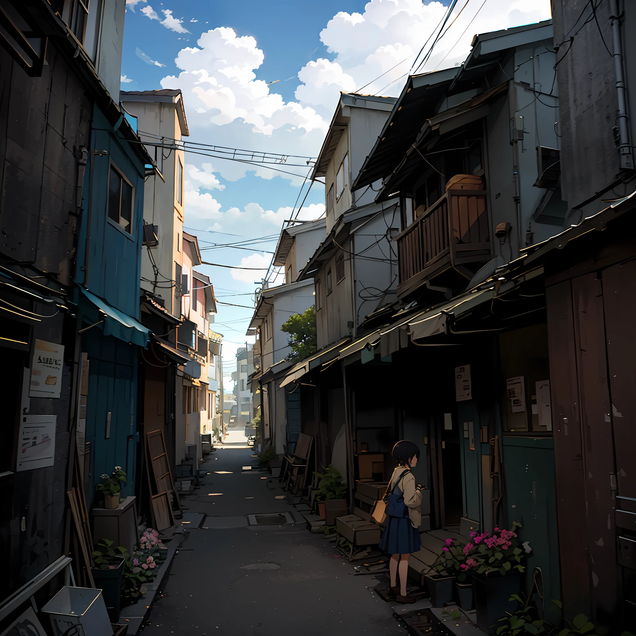 very cozy little place，ultra-realistic realism，（Makoto Shinkai anime：0.4），Old dilapidated houses on city streets，home wiring，exteriors，Skysky，​​clouds，In the daytime，scenecy，The tree，blue-sky，buliding，flags，electrical wires，railing，Wide shot，telephone poles，towns, wasteland, fresh flowers