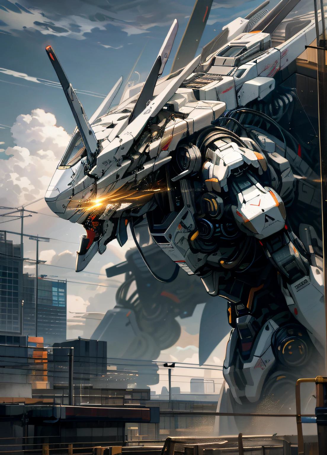 sky, cloud, holding_weapon, no_humans, glowing, , robot, building, glowing_eyes, mecha, science_fiction, city, realistic,mecha