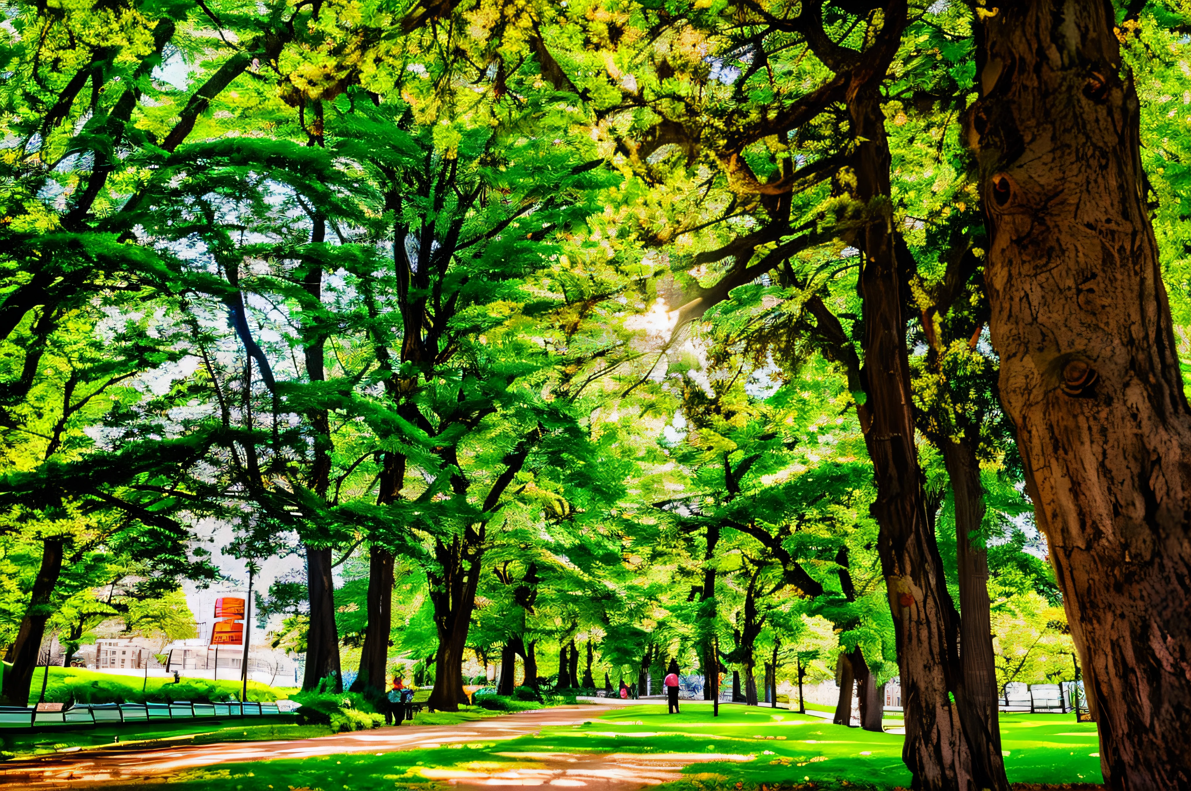 Trees on park paths々Lined up、Benches and people walking, park on a bright sunny day, sunny day in a park, park in background, In a city park, with a park in the back ground, park scenery, on the park, tree in the background々, Trees and pines everywhere, with trees, green alley, with a park in the background