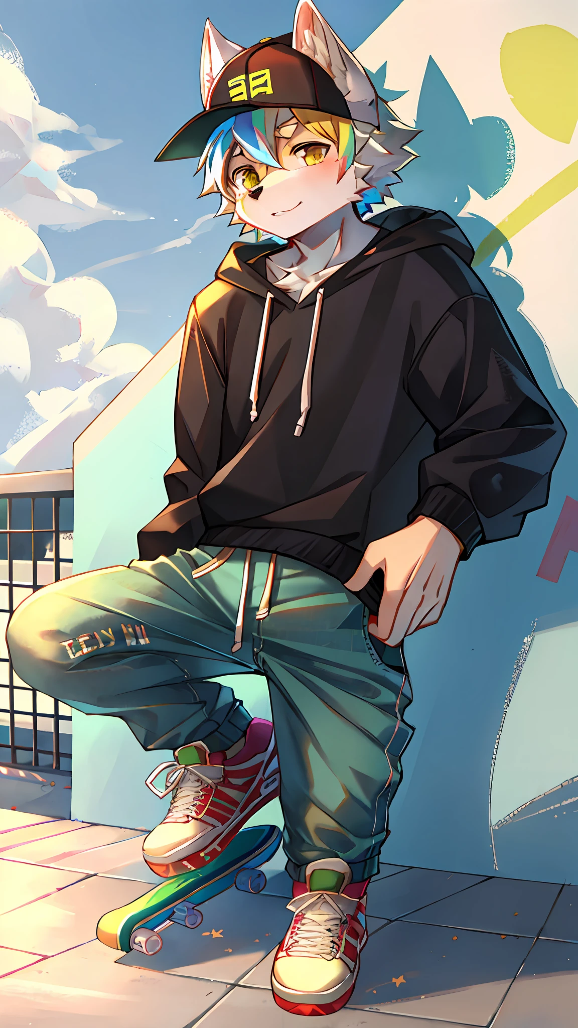White wolf，Tea green pattern，Handsome model，独奏，solo person，Beige short-sleeved sweatshirt，denim pant，High-tops，Wearing a baseball cap，Step on the skateboard，Grabbed by the hair，outside，Sunnyday，There are colorful graffiti on the skateboard