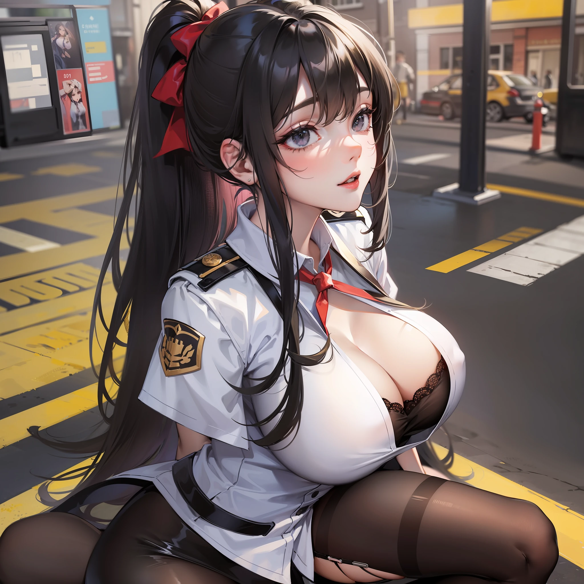 On the street,A lot of irrelevant passers-by,A main girl,Large breasts,Sexy uniforms,Cleavage is seductive,High ponytailed black hair,Long hair,black lence stockings,Strangle,Uniform temptation,Lewdness,Squat,Sunnyday,Ray traching