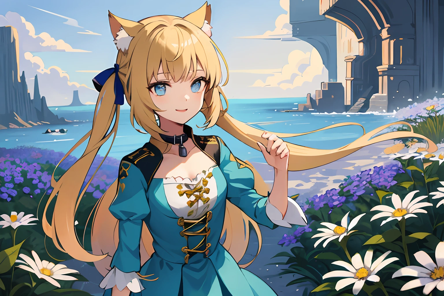 A cute ite girl，140cm tall，She has long pale yellow hair，Wearing cat ear decoration，Has light blue eyes，Wearing a brown collar，wearing blue dress，Poor milk，In a sea of flowers，ssmile