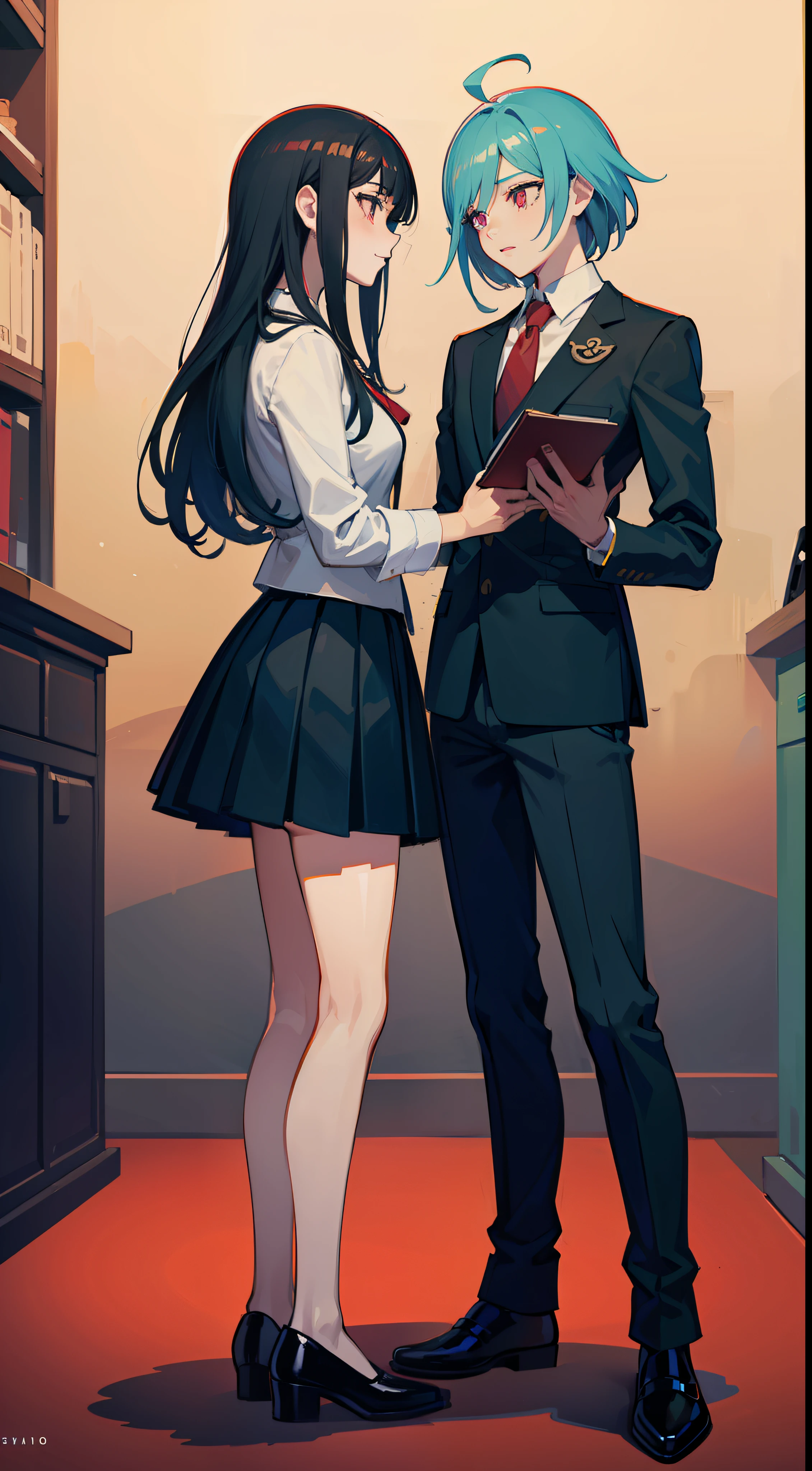 Two anime characters in business clothes standing in the middle of the screen,face to face，Grab a book together，Black shoes，concept art by Kamisaka Sekka, Pisif, Sots Art, ace attorney style, rimuru and milim, puce and vermillion, offcial art, vermillion and cyan, digital art from danganronpa, Medium shots of the character, clean backdrop，official character art