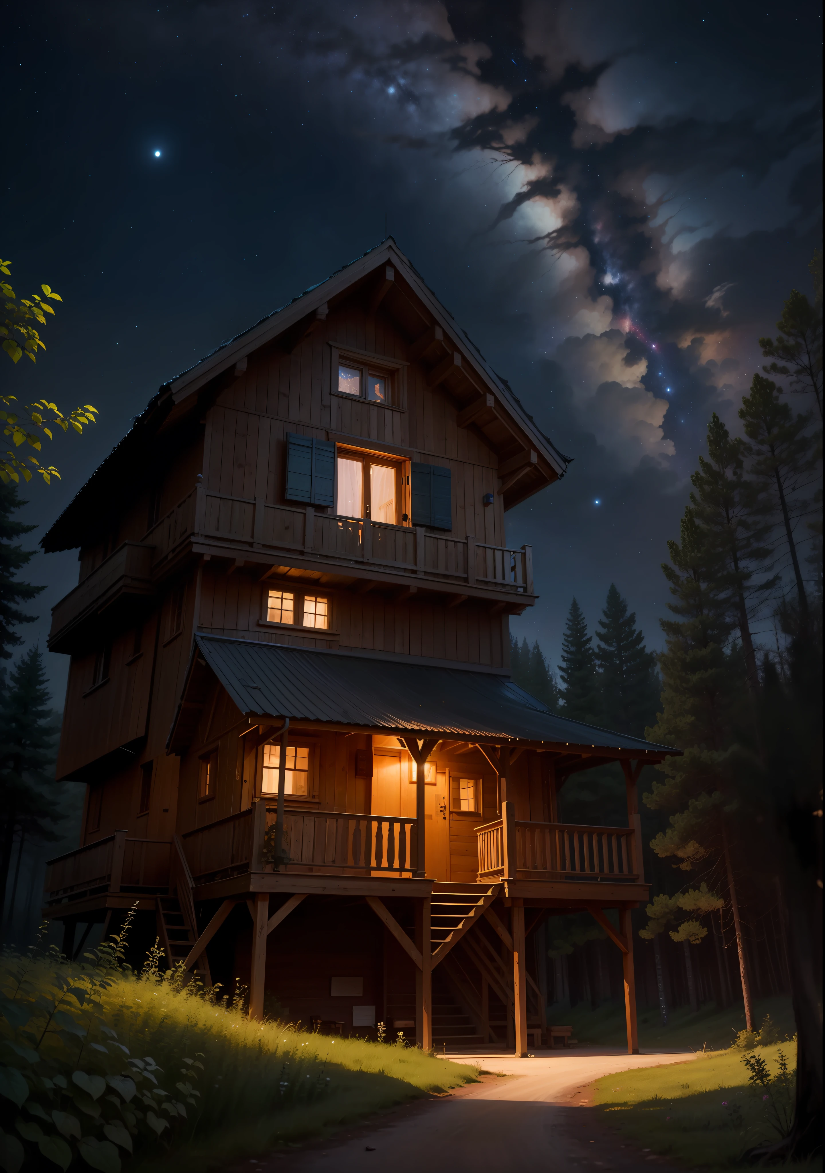 tmasterpiece,Need,Deep forest,Trees shade the sky,NOhumans,stillness,the night,Glowing plants,Chalet in the trees,starrysky,As estrelas