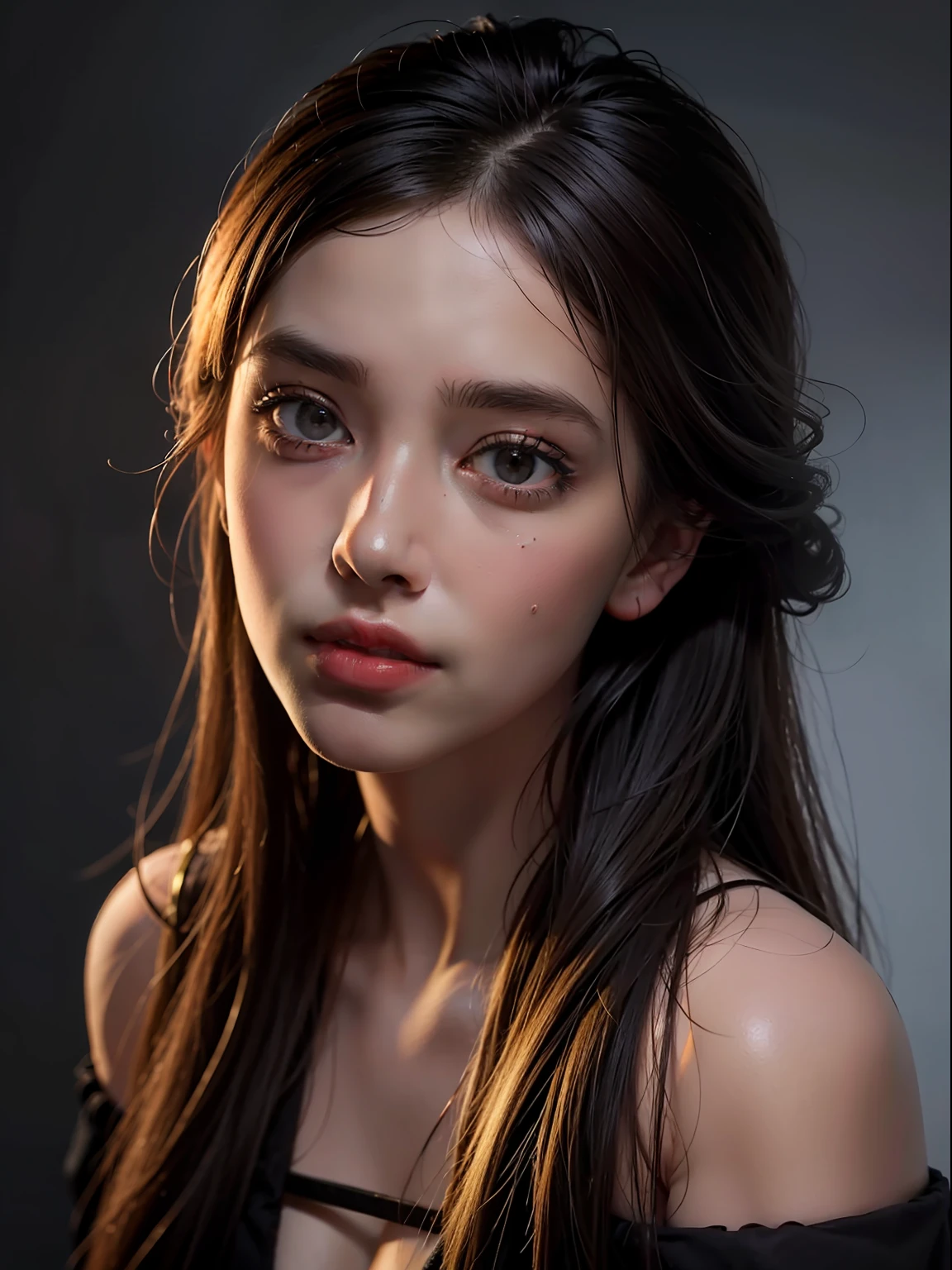 Best quality, masterpiece, ultra high res, (photorealistic:1.4), 1girl, offshoulder, in the dark, deep shadow, low key