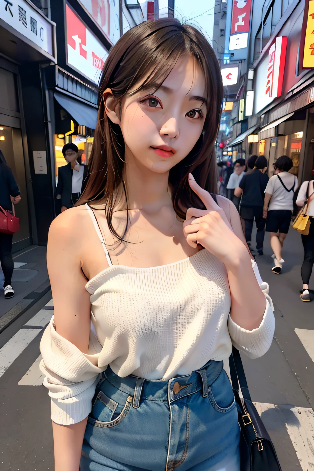 1girl in、Streets of Tokyo、natta、A city scape、city light、The upper part of the body、a closeup、8K、Raw photography、top-quality、masterpiece、realisitic、Photorealsitic、pet