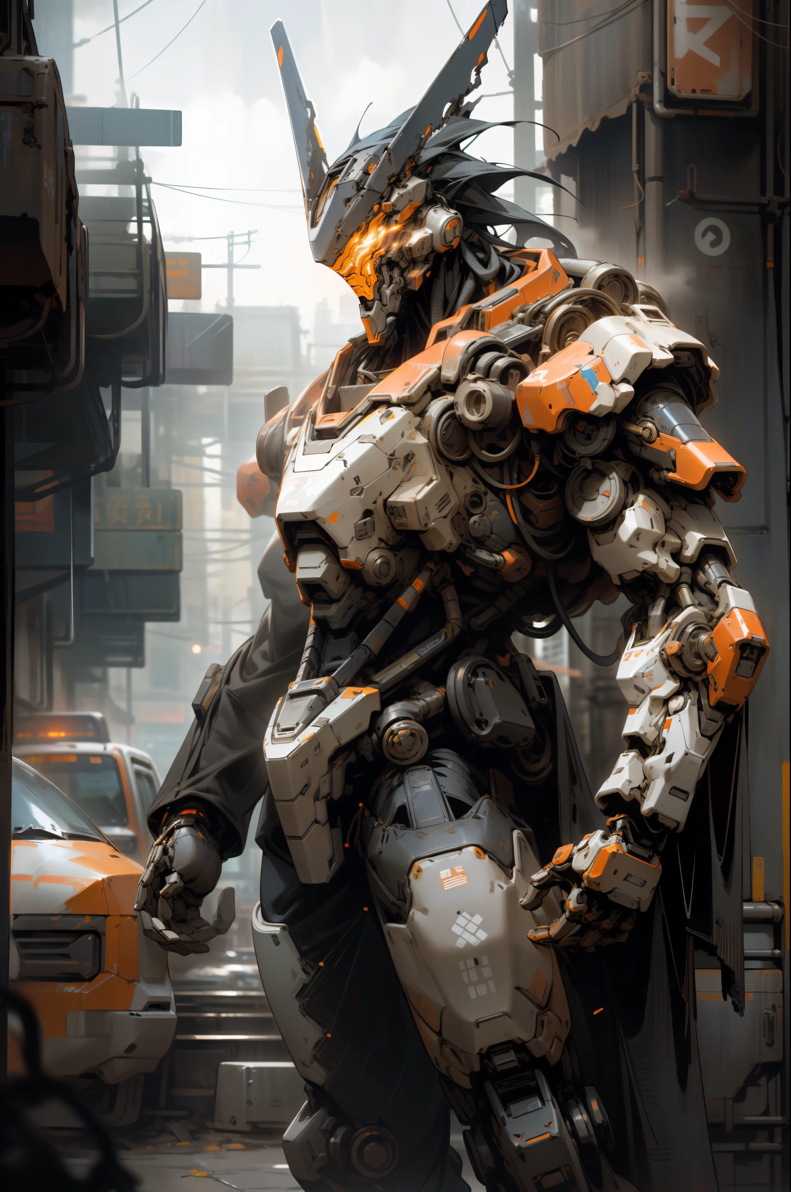 On the moon, barren planet, ruins, holding weapons, no humans, glowing, robot, building, glowing eyes, orange mech, science fiction, city, reality, mecha, galaxy background, full body, neon, cyber Punk, 8K wallpapers, ultra-detailed artwork, cinematic lighting, realistic photos, Dark_Fantasy, Cyberpunk, (chain saw, chain saw man, Red: 1.1), 1man, Mechanical marvel, Robotic presence, Cybernetic guardian, wearing a worn-out machine armor suit, intricate, (steel metal [rust]), elegant, sharp focus, photographed by greg rutkowski, soft lighting, vibrant colors, masterpiece, ((street)), cowboy shot, dynamic pose,