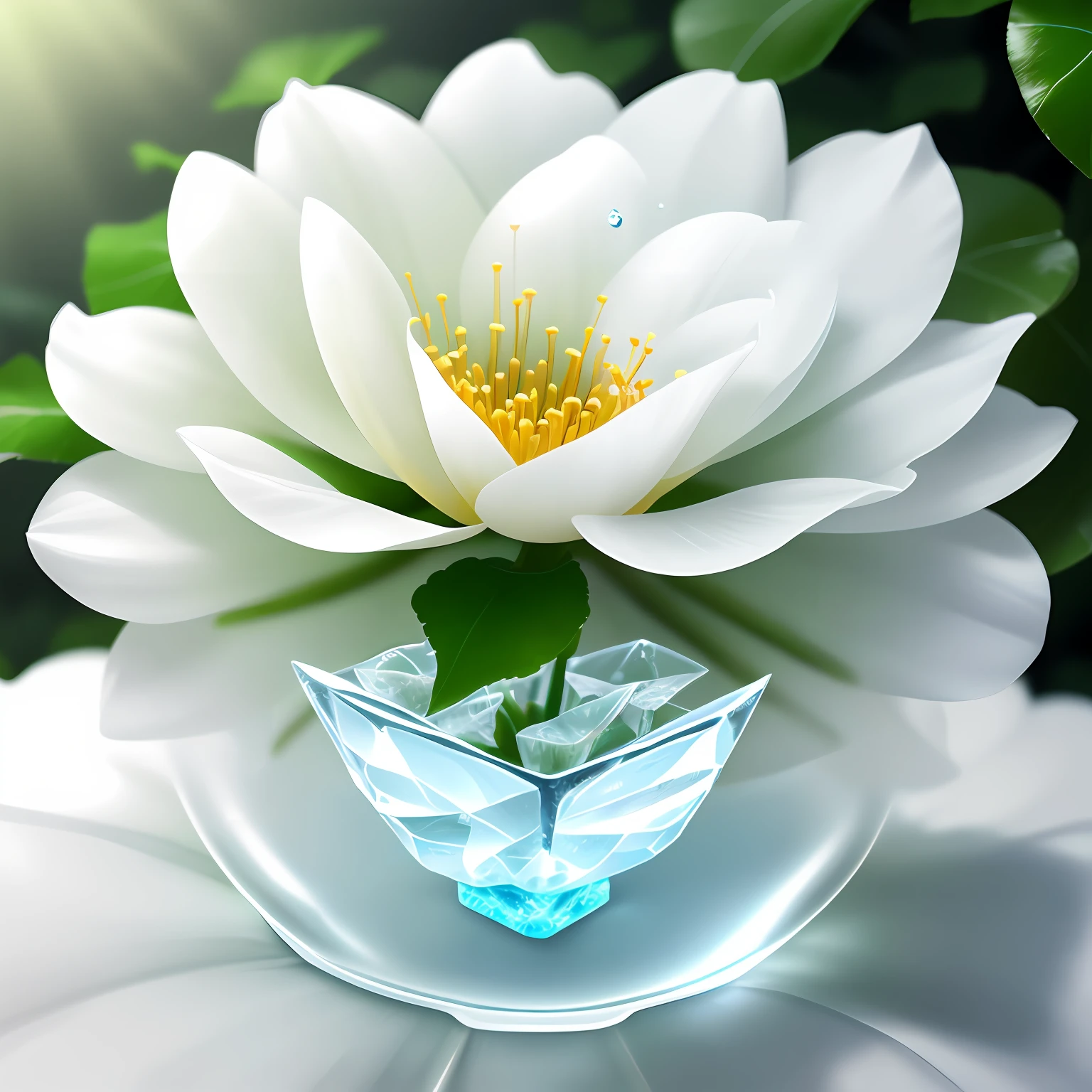 A white flower, transparent petals, as deep as sea water, crystal clear + dewdrops, 8K, HD, ivy, flowers, tropical plants