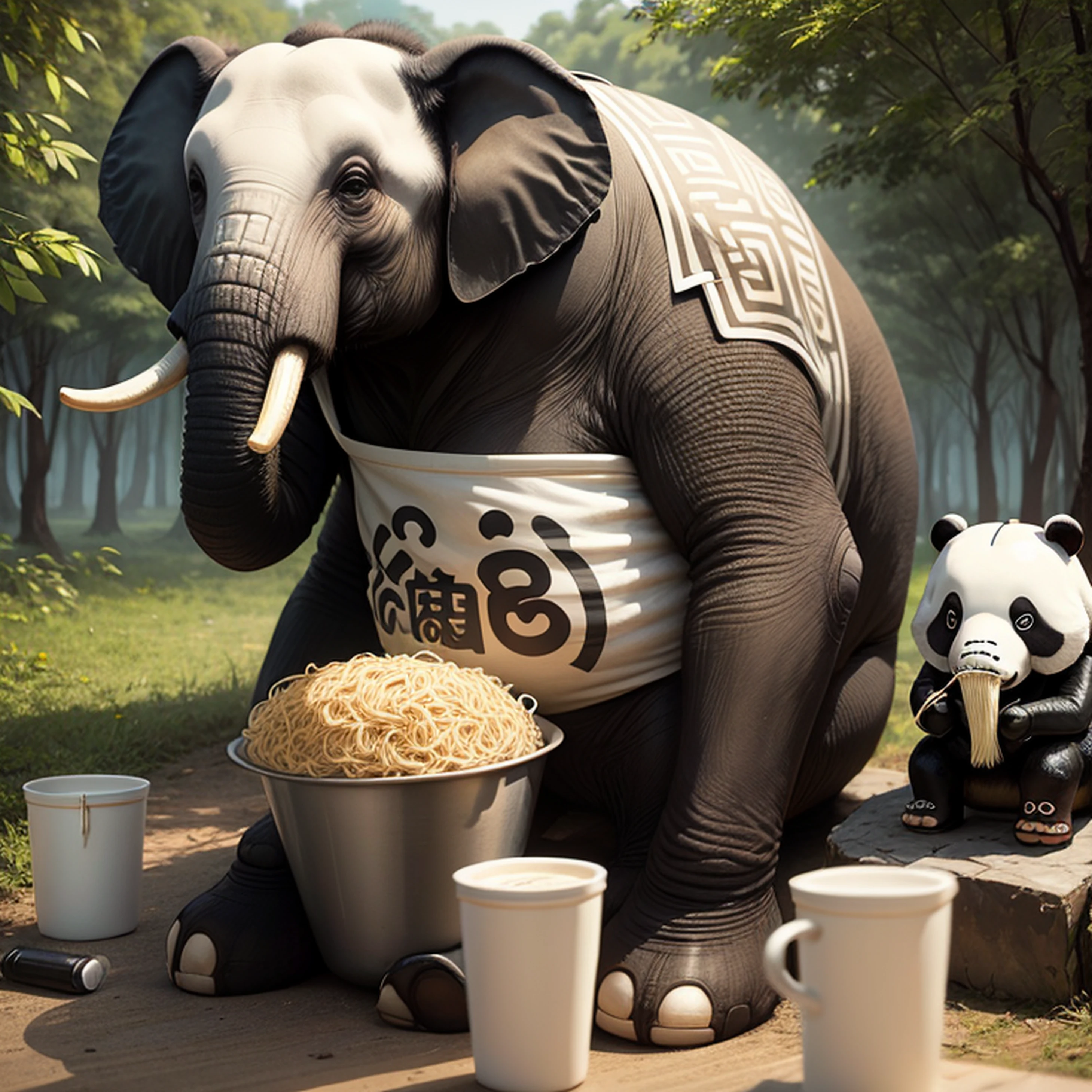 Elephant, eating instant noodles, with a panda sitting on its back --auto