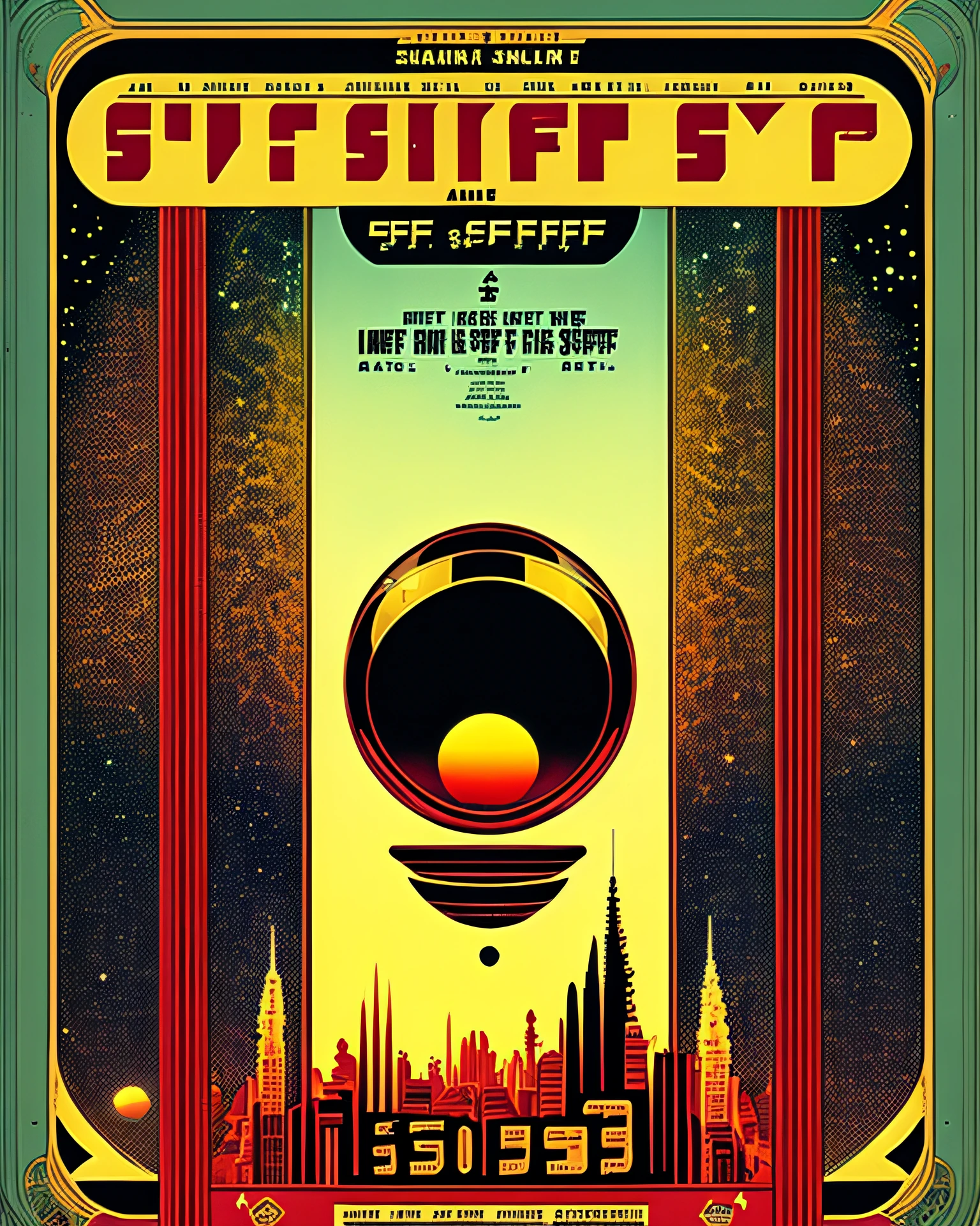 Art Deco style exotic science fiction novel posters are the main focus,(SF novel:1.5), 2001: A Space Odyssey