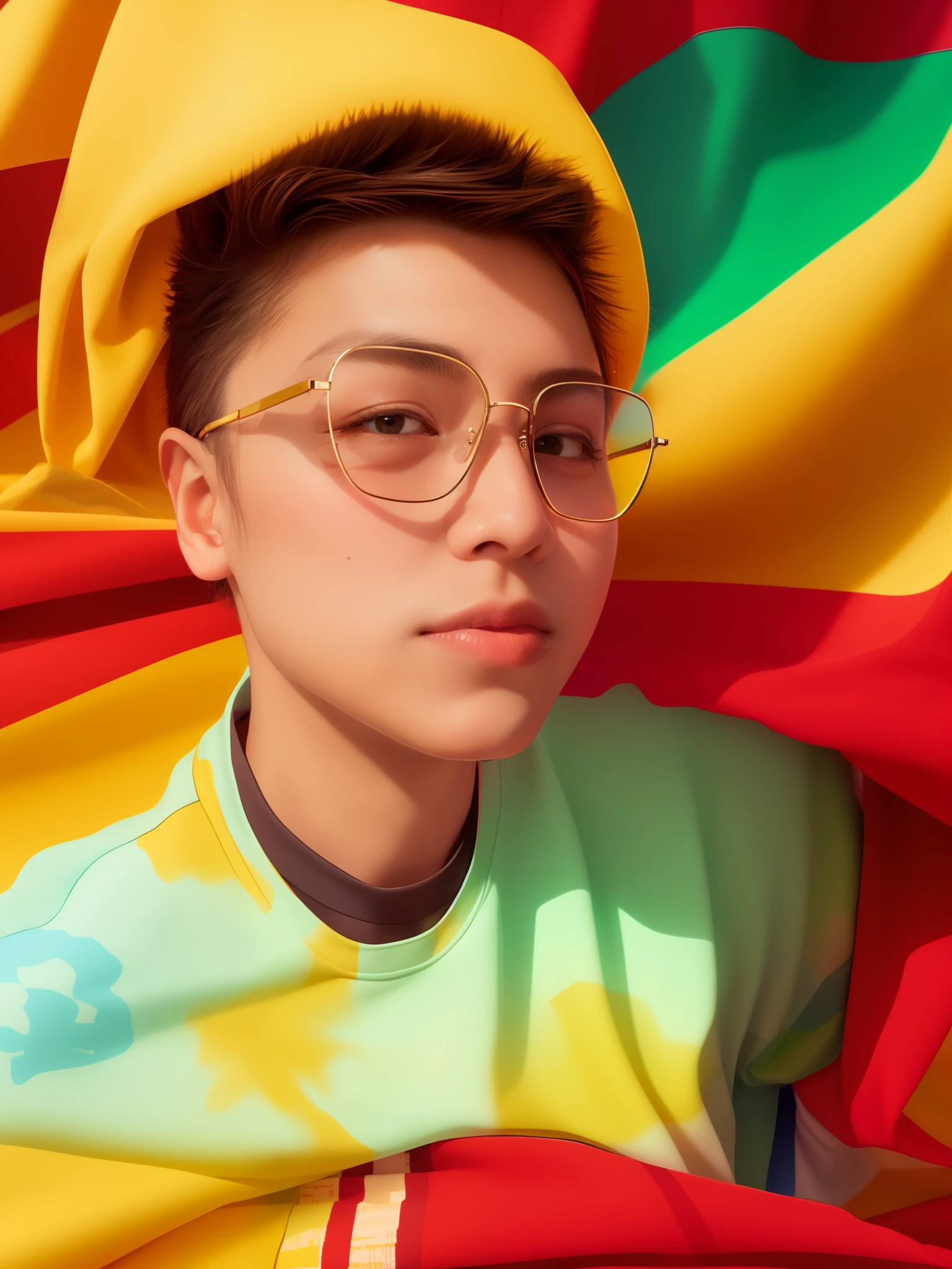 ((Best picture quality)), Beautiful shades, man, eye glass, Flexographic printing, Red blanket, Other elements are not, Low global saturation.