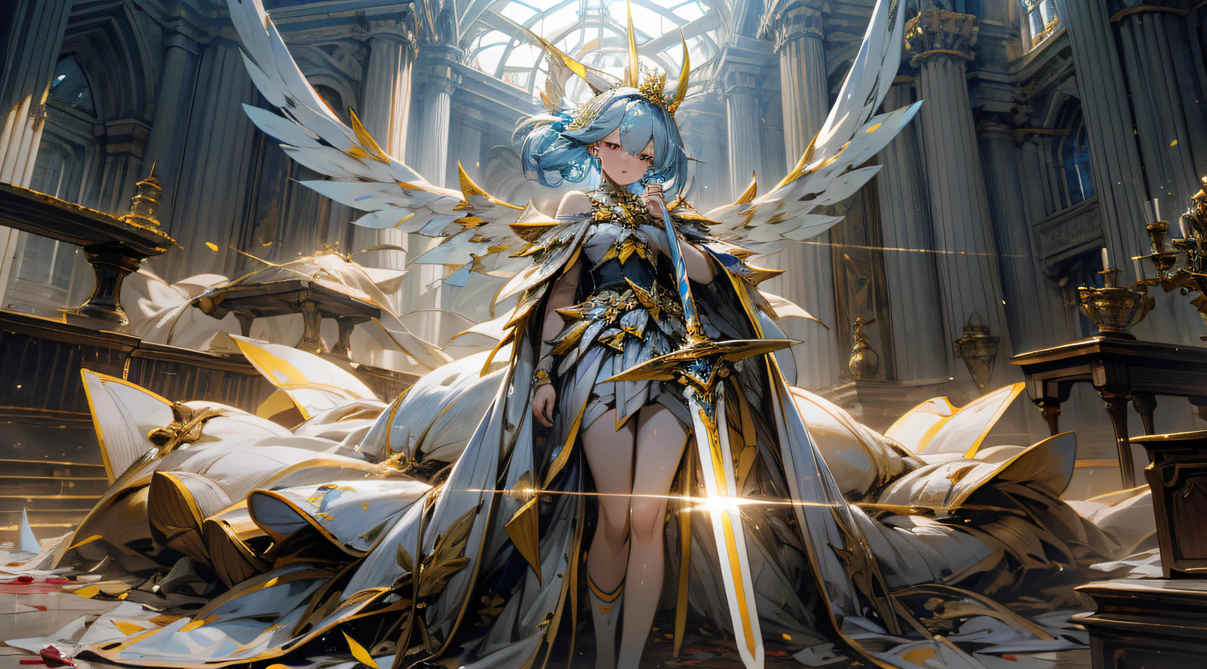teens girl,Wear blue, White and yellow mechs,A pair of translucent mech wings grow on the back,laughingly,Wear a crown set with yellow gemstones,A half body,Hold a long sword in your right hand, He stabbed another girl,blood on sword,Holding a red gemstone in half hand,In the background is an abandoned castle,The sky is filled with clouds,8k --auto