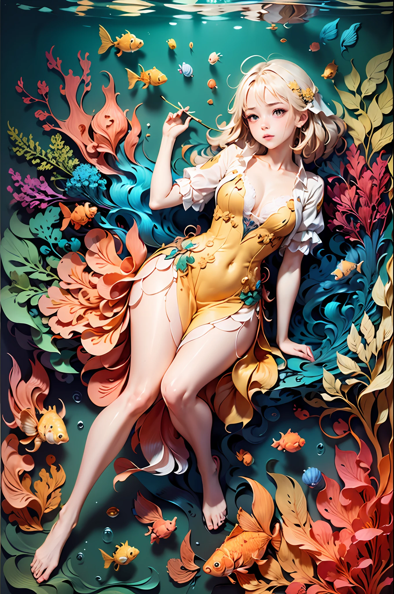 ((Masterpiece,best quality,illustration,best color)), 1 Girl, Full Body, Colorful, Yellow Cloth, (Water), Seaweed, (Goldfish,Shell,Mini octopus), (Hyper-Detailed:1.2), Delicate, Aesthetic, Beautiful, White Background, Unified 8k wallpaper