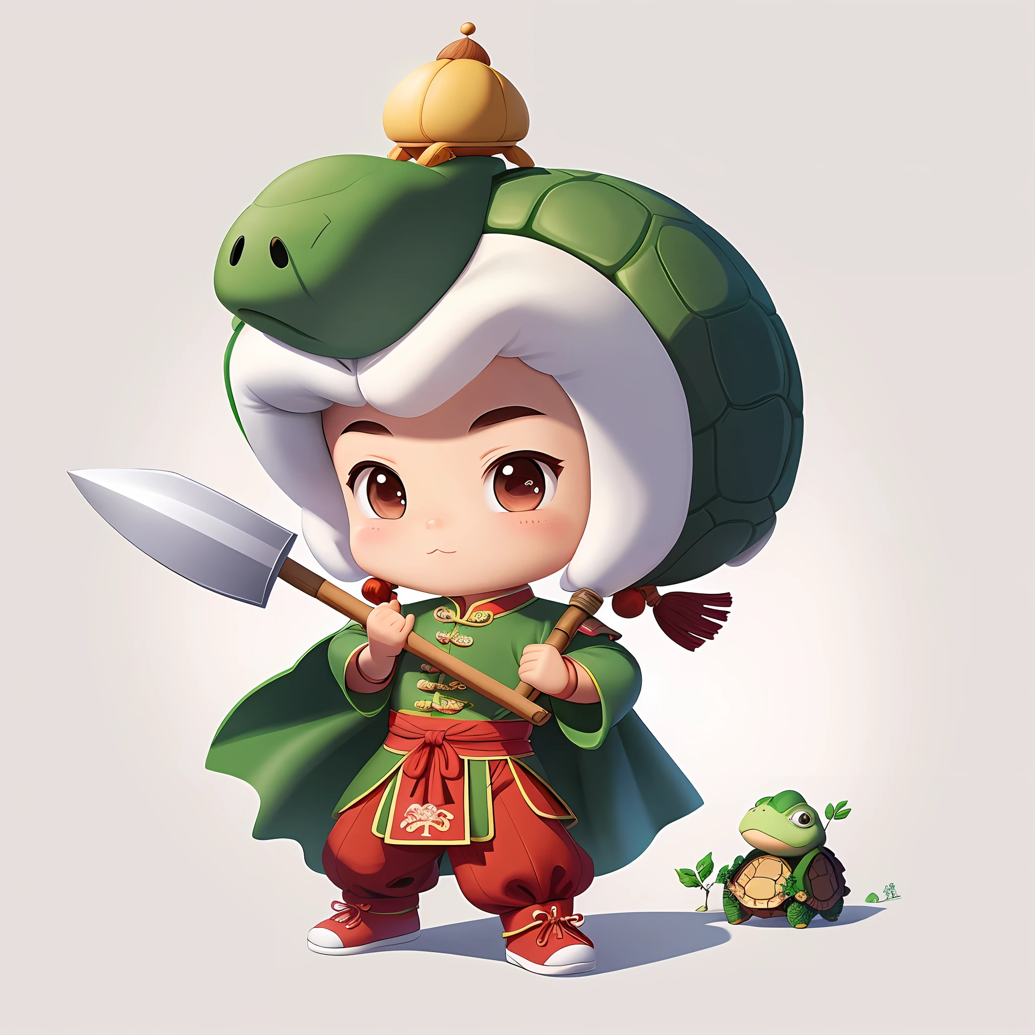 Cartoon character IP, wearing a Chinese suit, holding a pen, a turtle boy, a pure white background