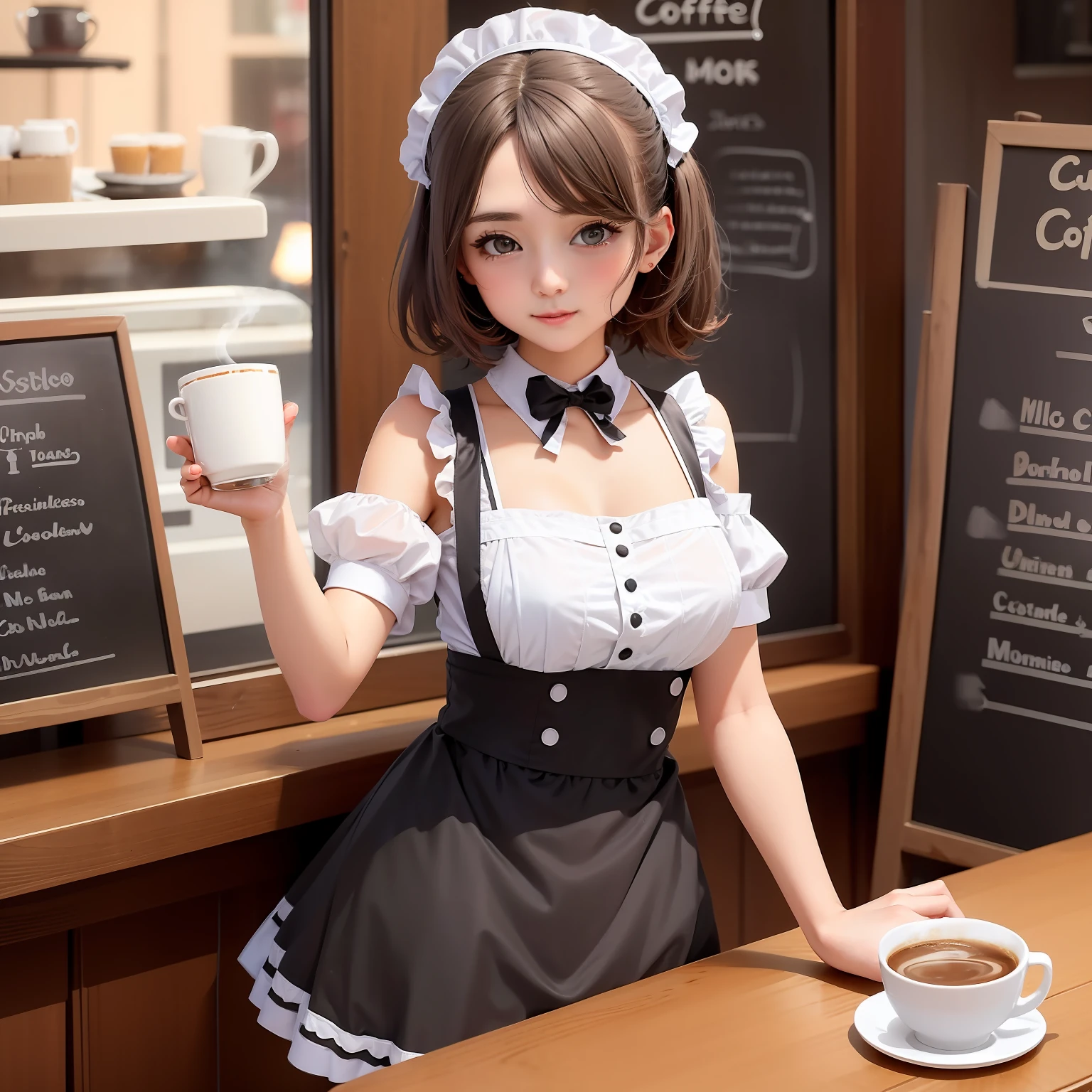 There was a woman in a maid costume holding a cup of coffee, anime girl in a maid costume, mysterious coffee shop girl, gorgeous maid, Maid outfit, cosplay of a catboy! maid! dress, ( Waitress ) Girl, japanese maid cafe, Maid dress, Loli, wearing maid uniform, anime cat girl in a maid costume, trending on cgstation，Realisticstyle，The coffee cup was steaming，Increase the beam